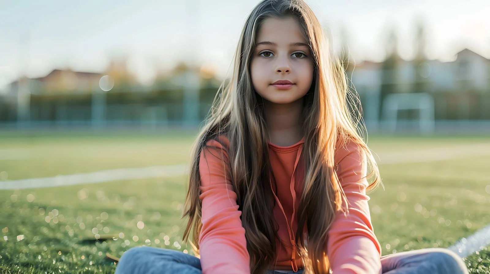 Serene girl sitting on sports field — free download from Dotvec