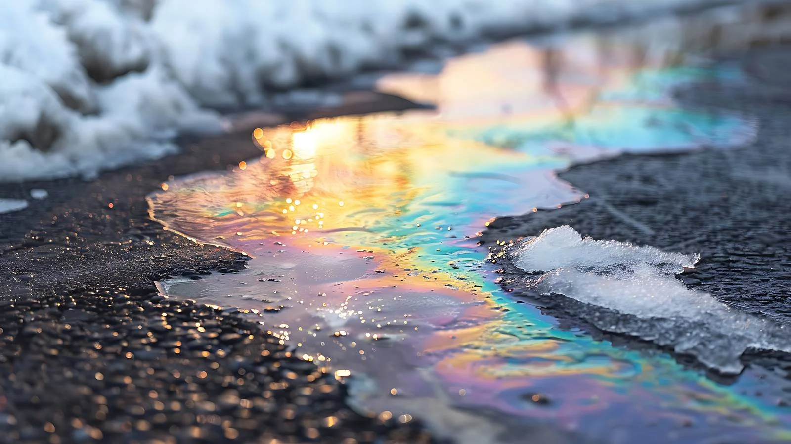Vibrant gasoline spill on snowy pavement — free download from Dotvec