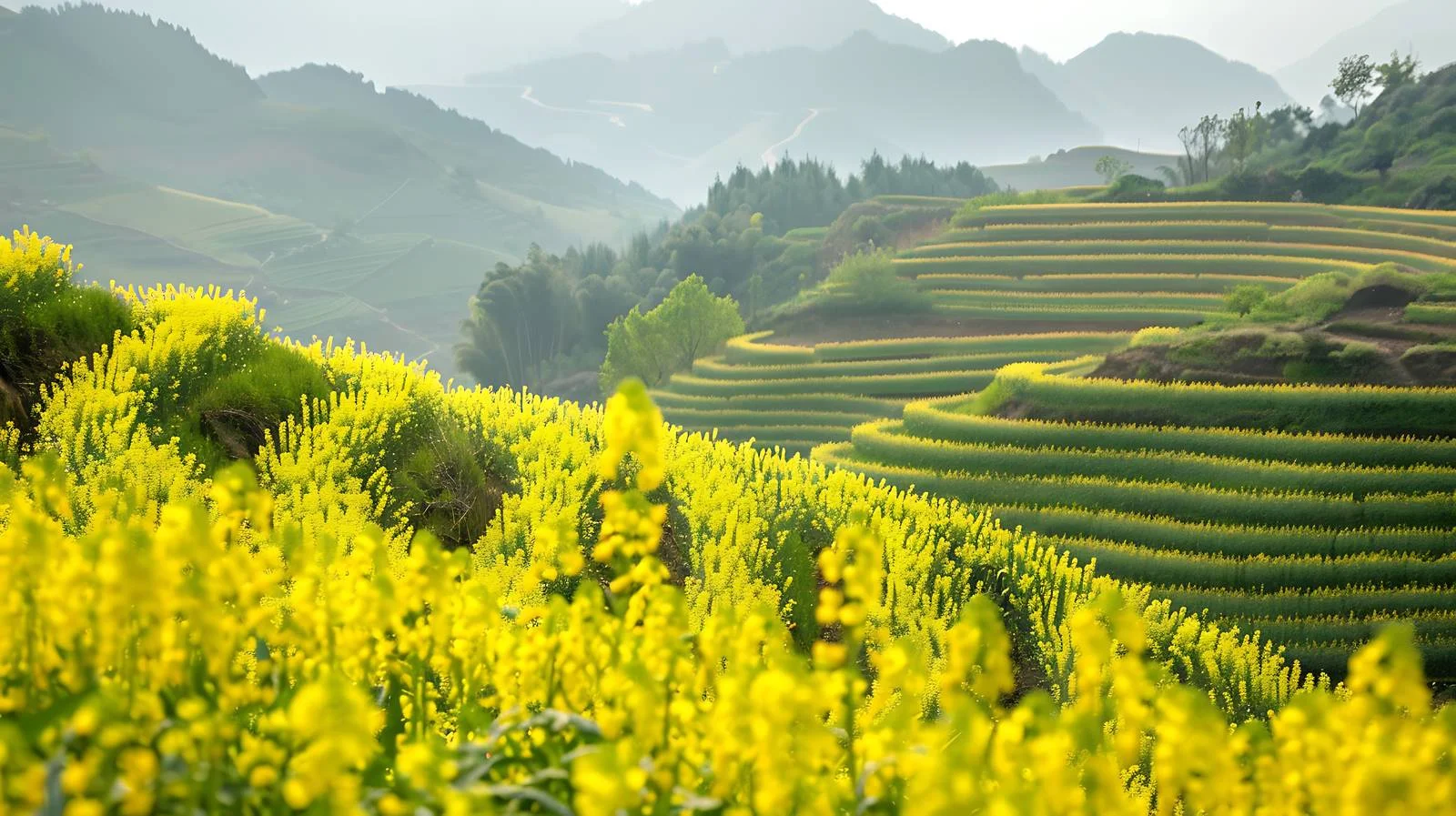Vibrant Rapeseed Flowers in Historical Terraces — free download from Dotvec