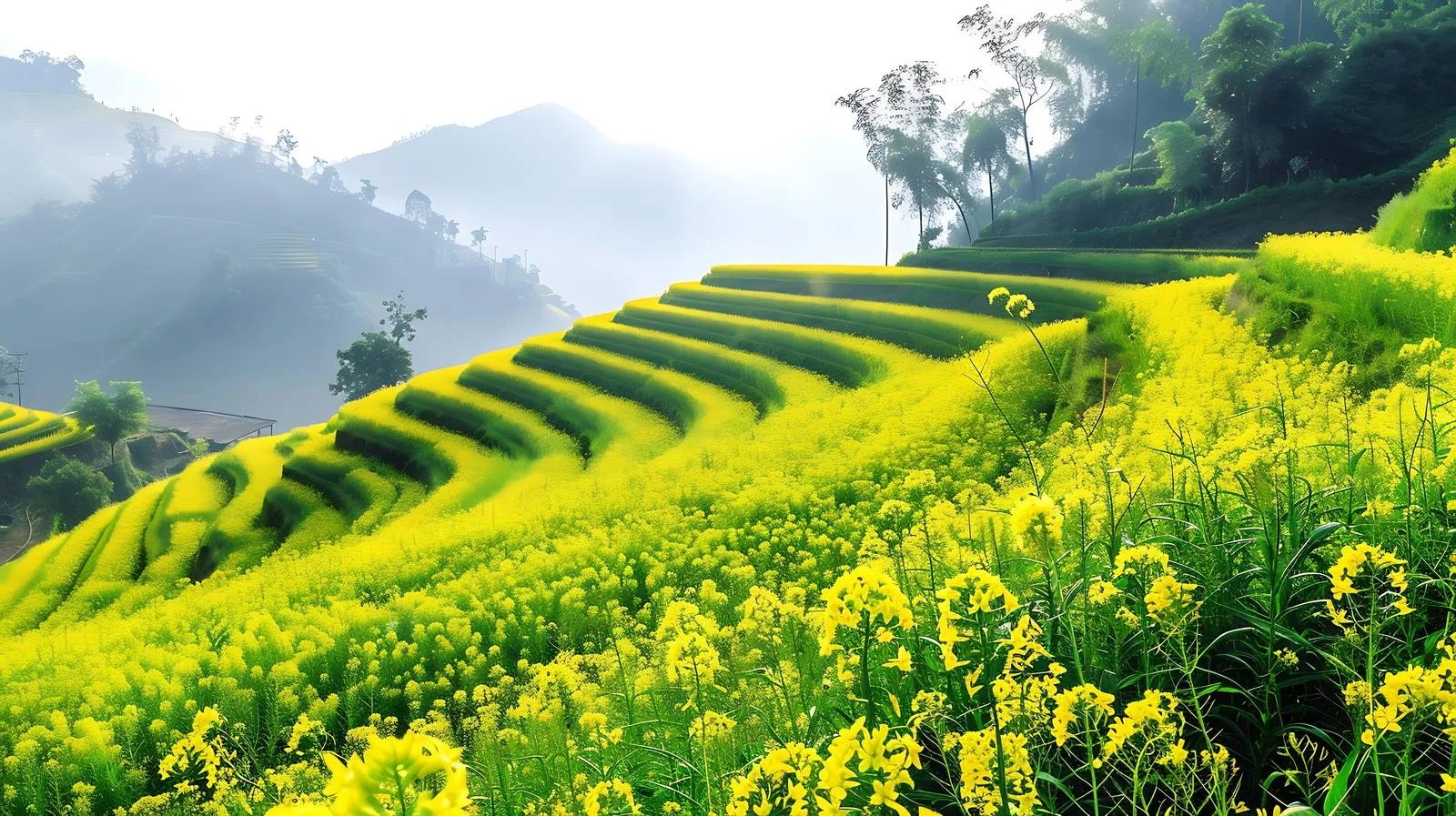 Vibrant rapeseed blooms in historic terraced farmland — free download from Dotvec