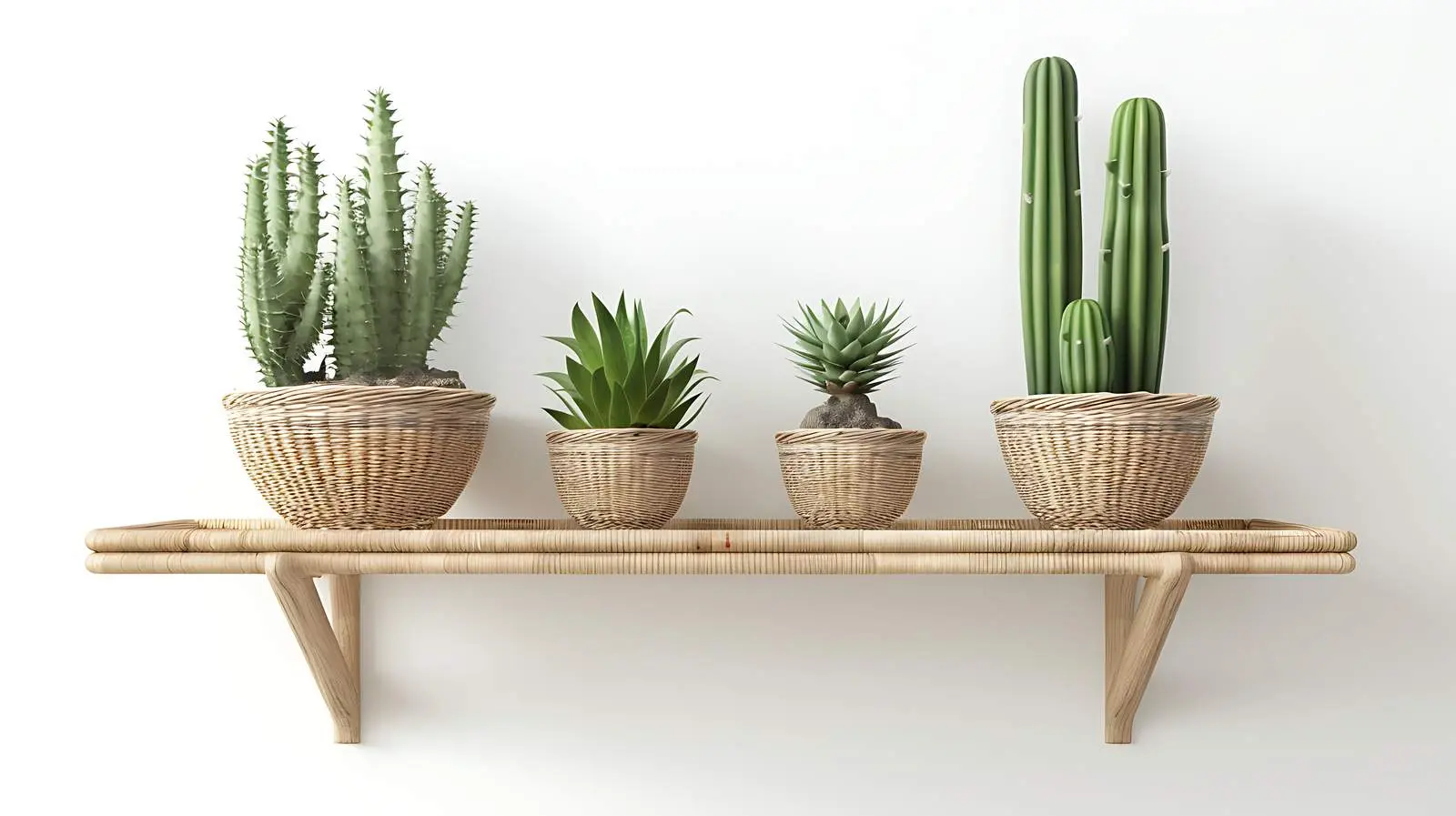 Elegant Rattan Shelf with Succulent Cactus Plants – free home office decor image from Dotvec