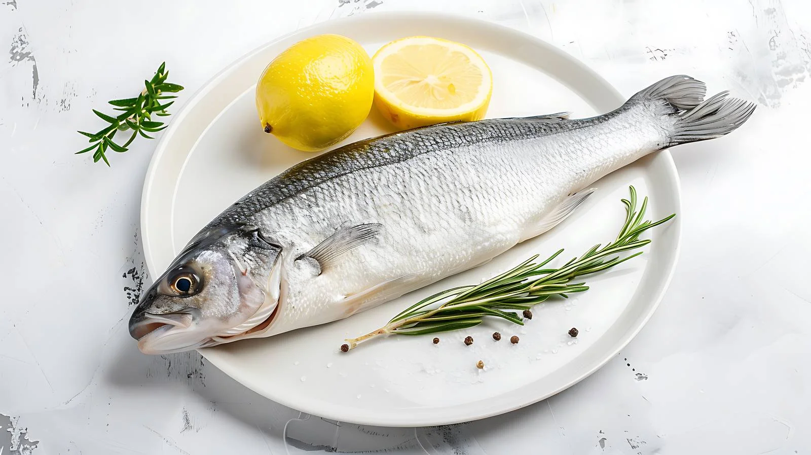 Raw Seabass Fish on White Plate — free download from Dotvec