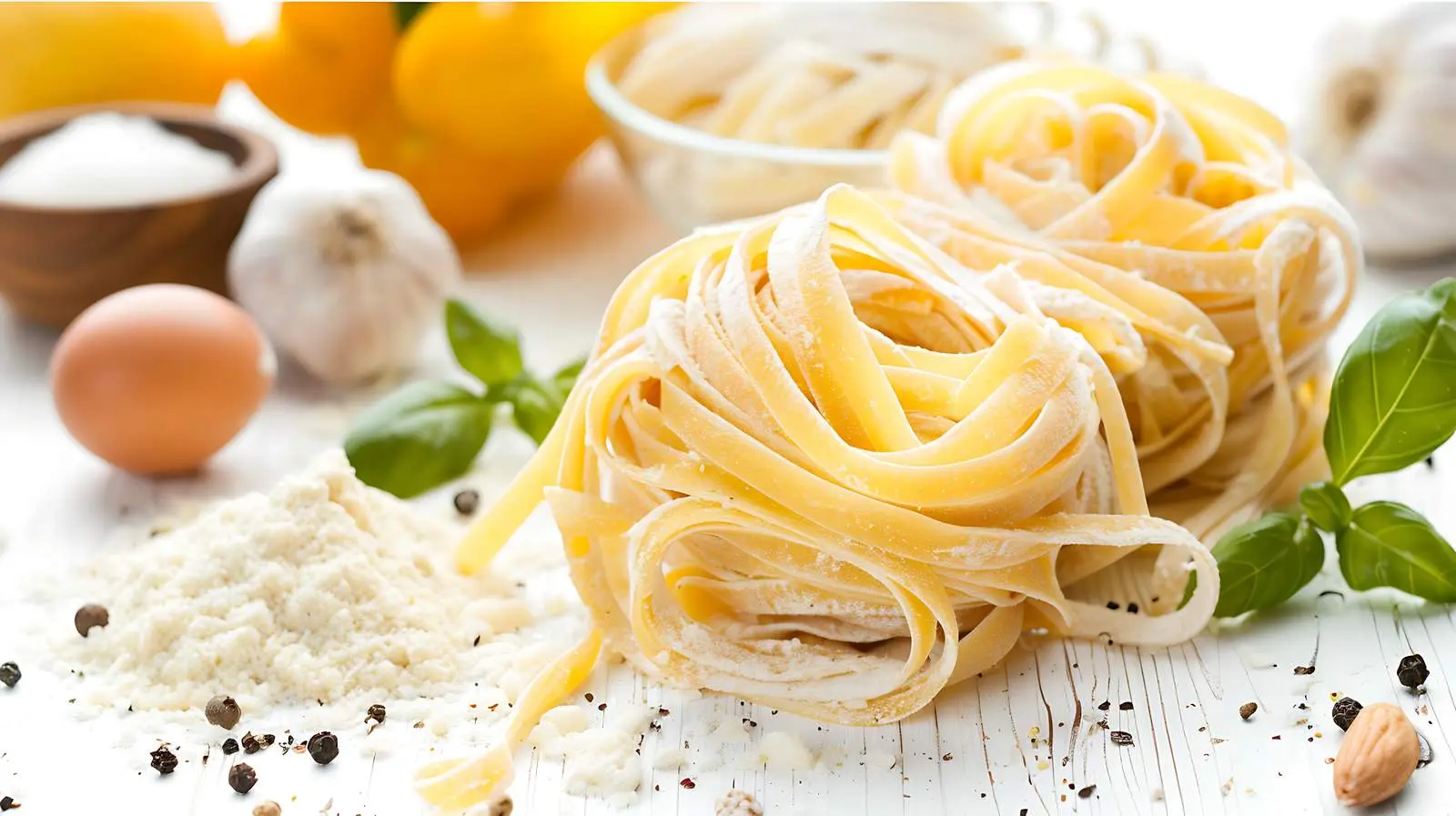 Fresh Homemade Pasta Ingredients on Wooden Background – free flour image from Dotvec