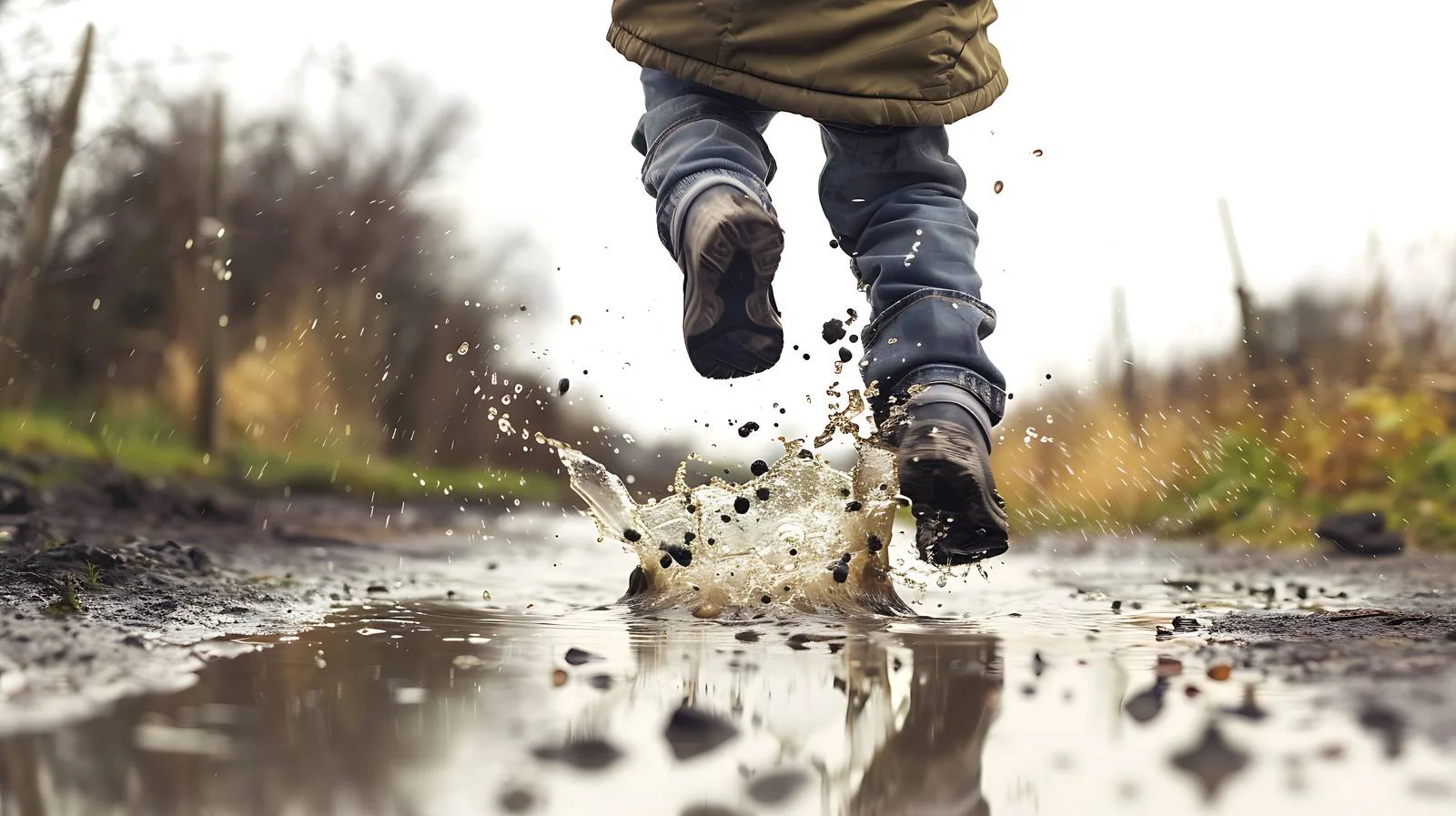 Child leaping across canal mud puddle — free download from Dotvec