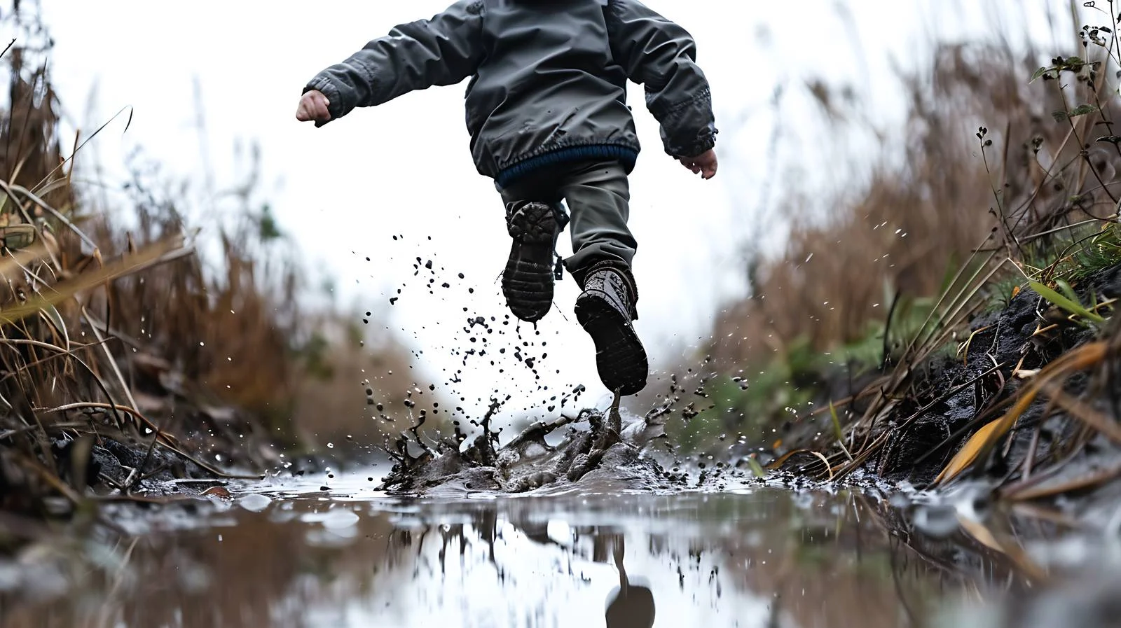 Youth leaping over canal mud puddle — free download from Dotvec