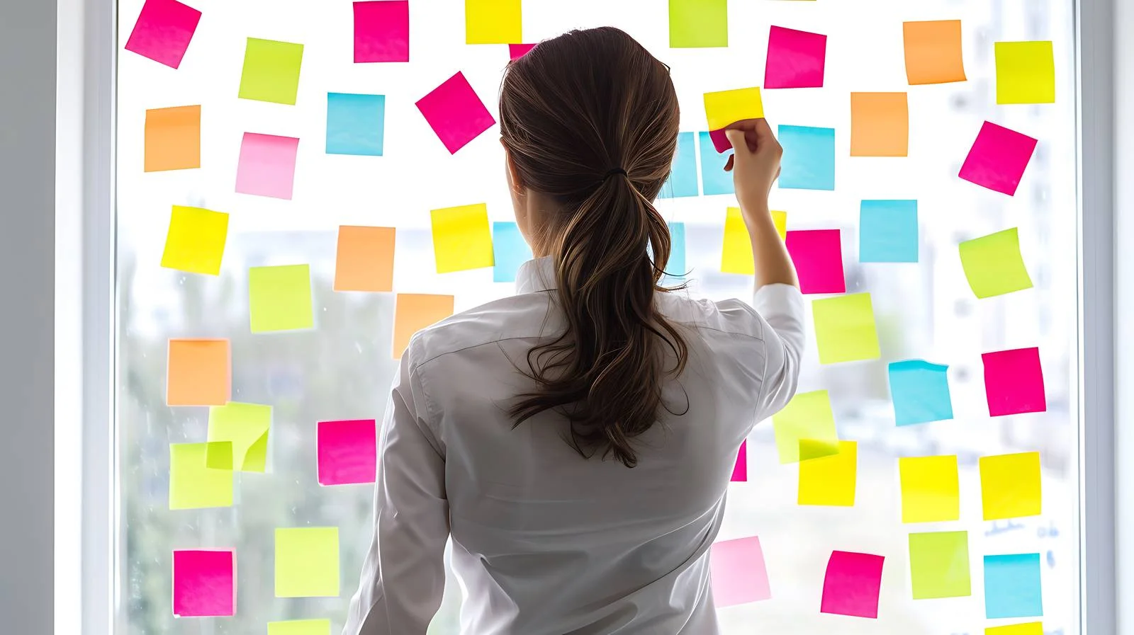 Businesswoman placing colorful adhesive notes — free download from Dotvec