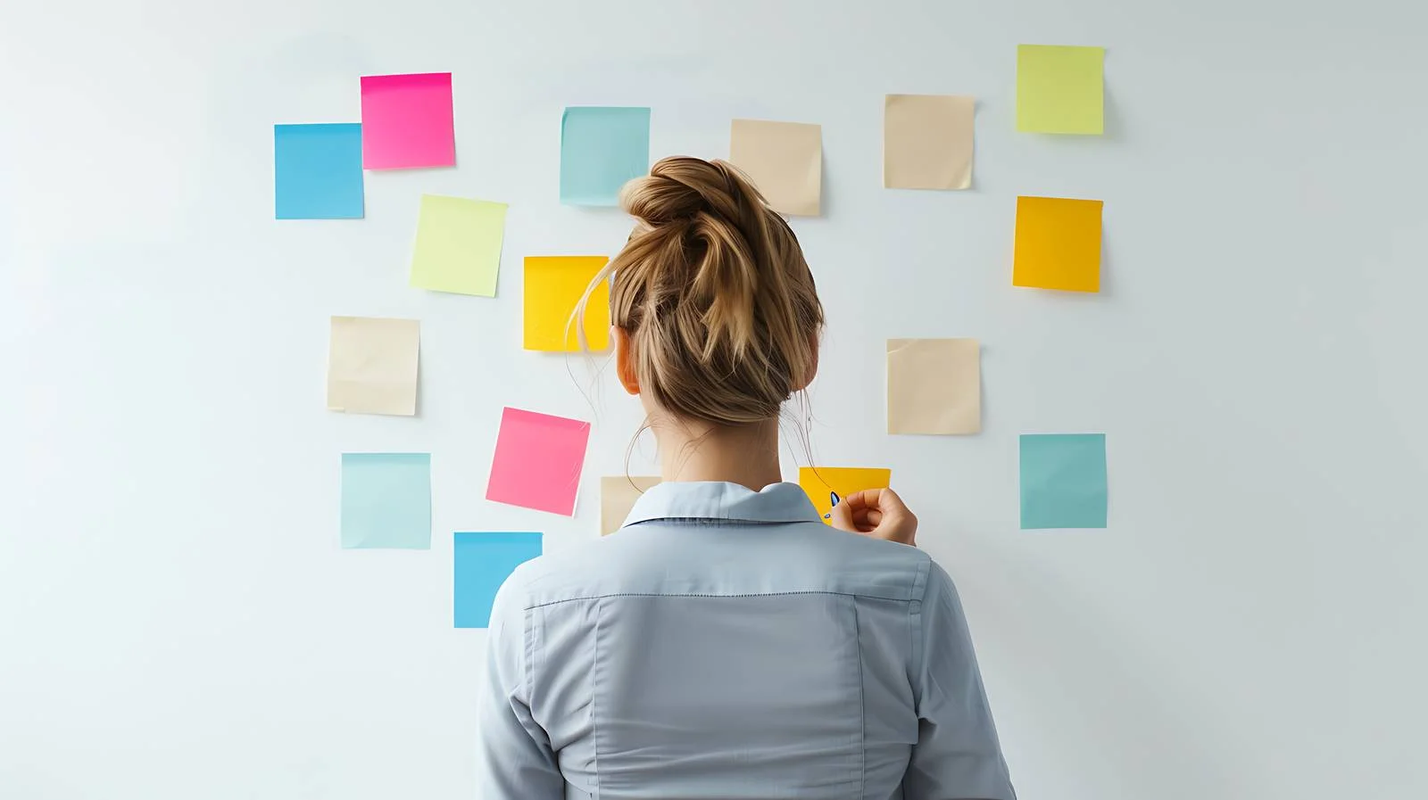 Businesswoman placing colorful adhesive notes — free download from Dotvec