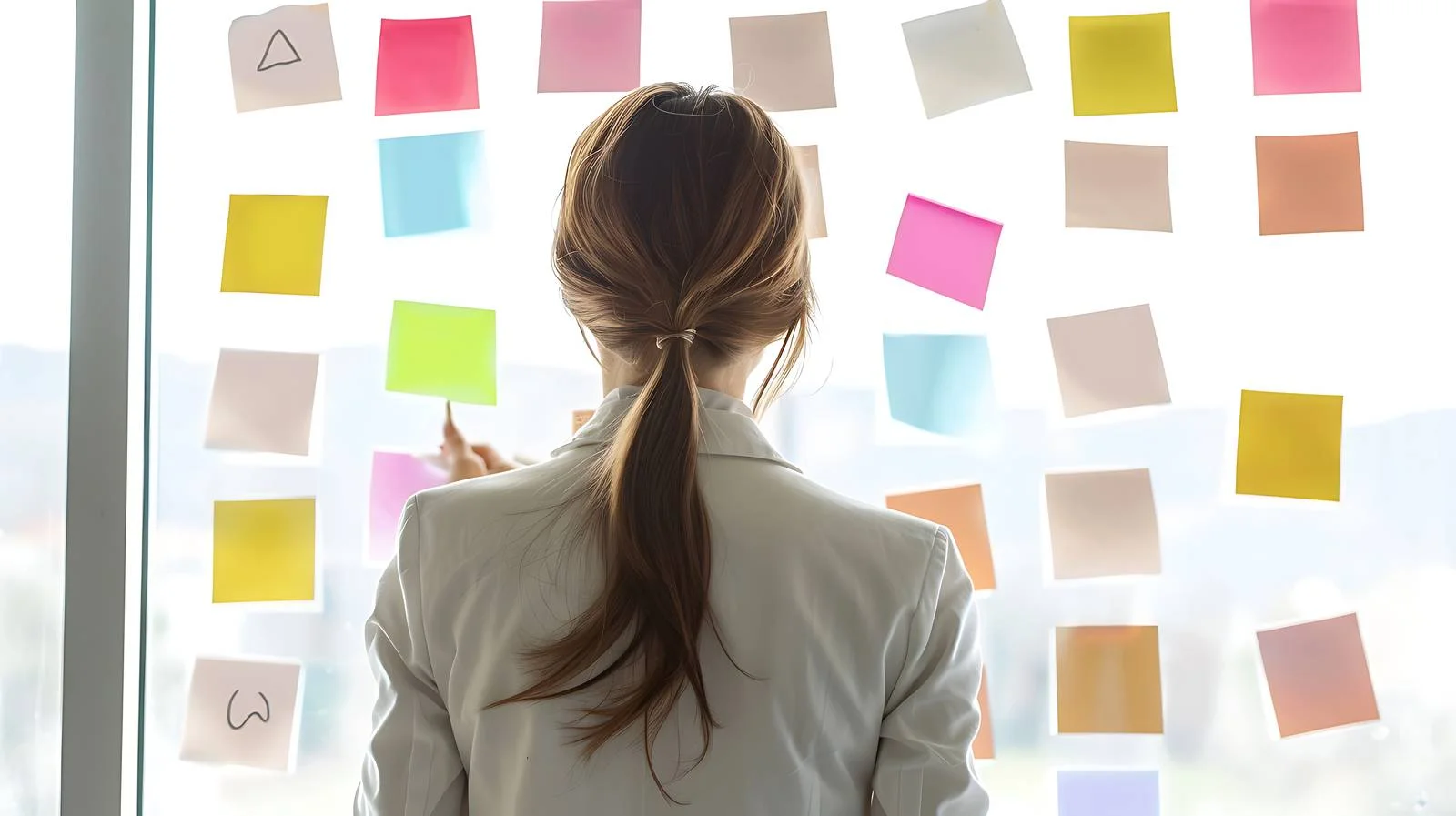 Businesswoman sticking colorful adhesive notes — free download from Dotvec
