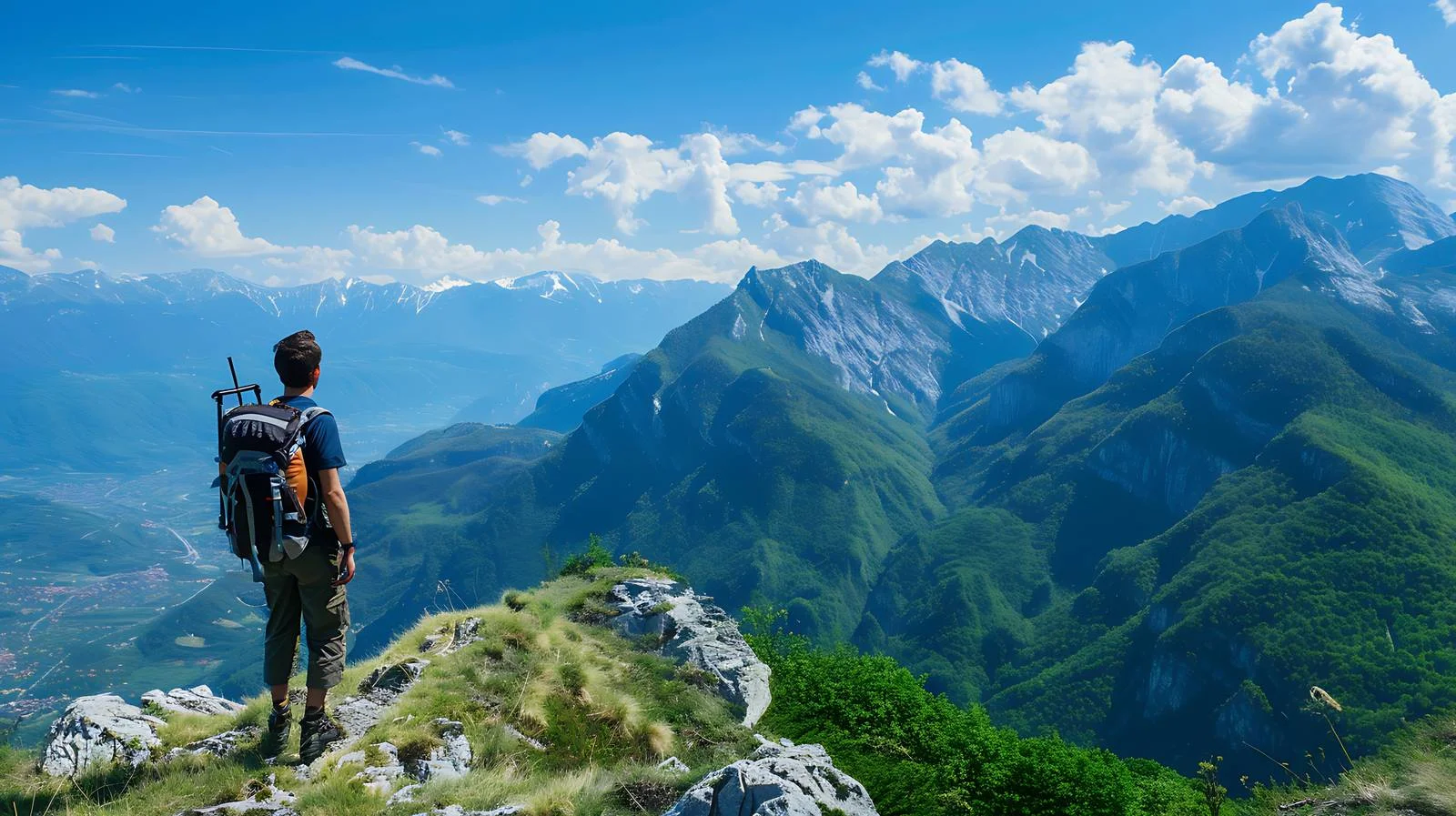 Adventurous hiker in Orobie Alps overlooking Lecco — free download from Dotvec