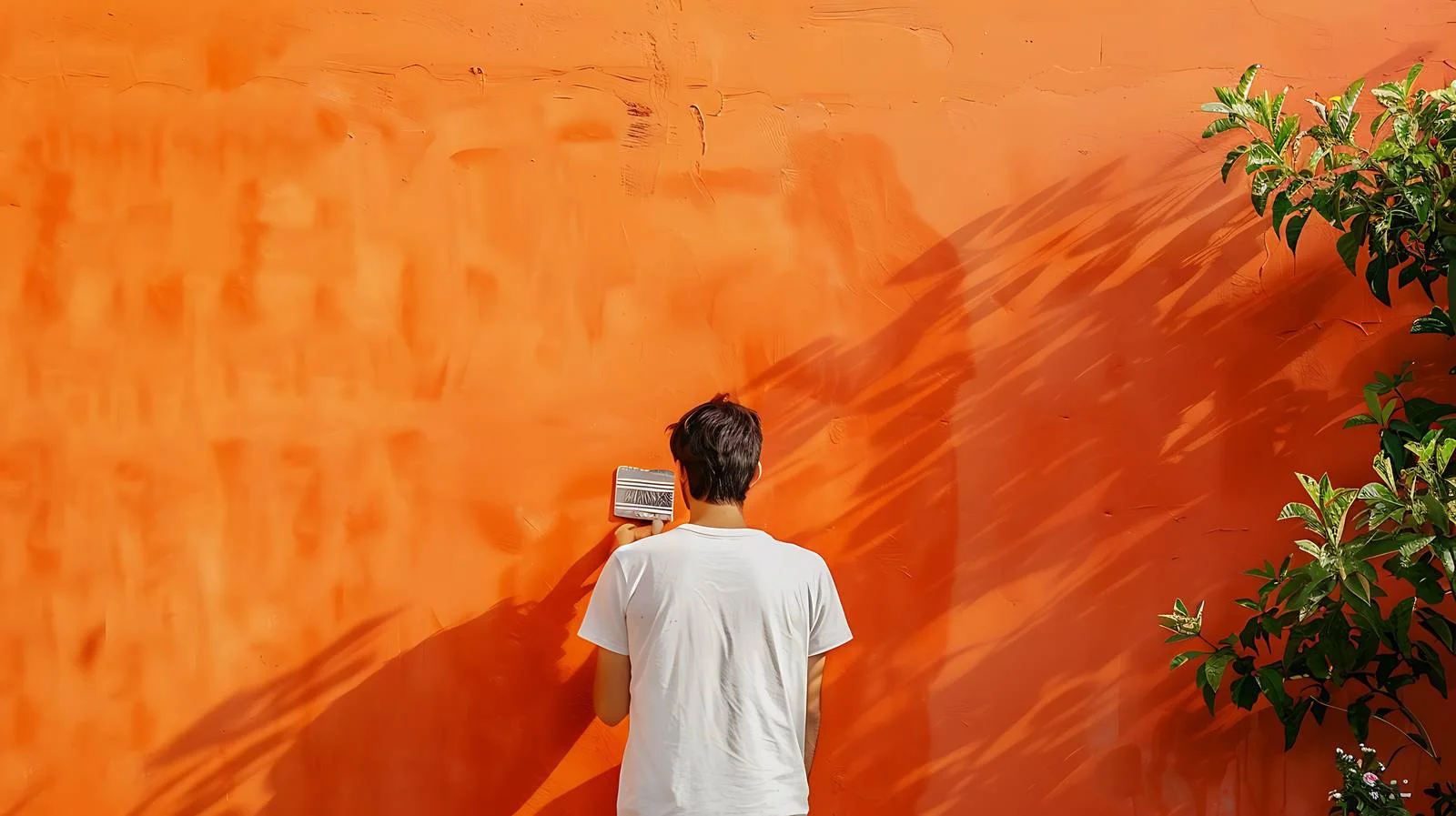 Man painting vibrant garden wall outdoors — free download from Dotvec