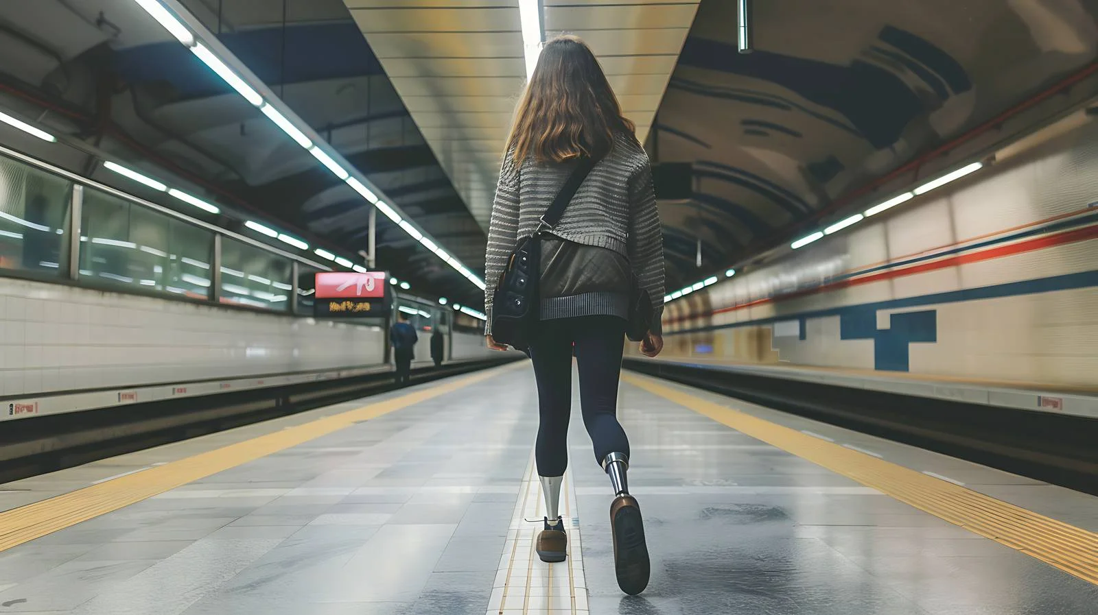 Young woman walking with leg prosthesis — free download from Dotvec