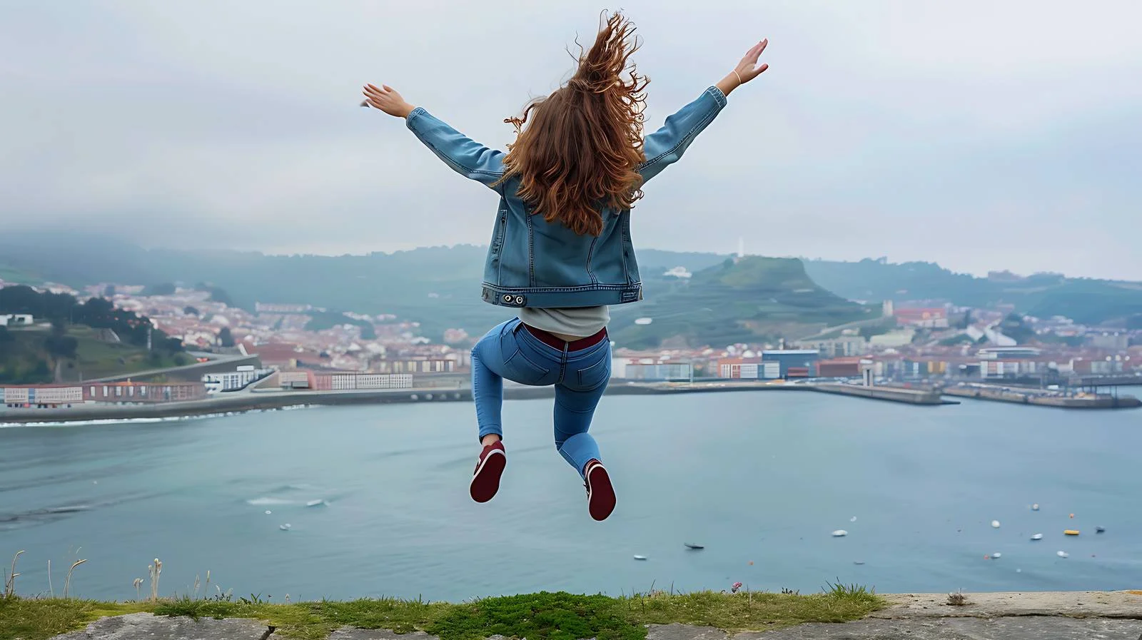 Woman Jumping at Viewpoint in Getxo — free download from Dotvec