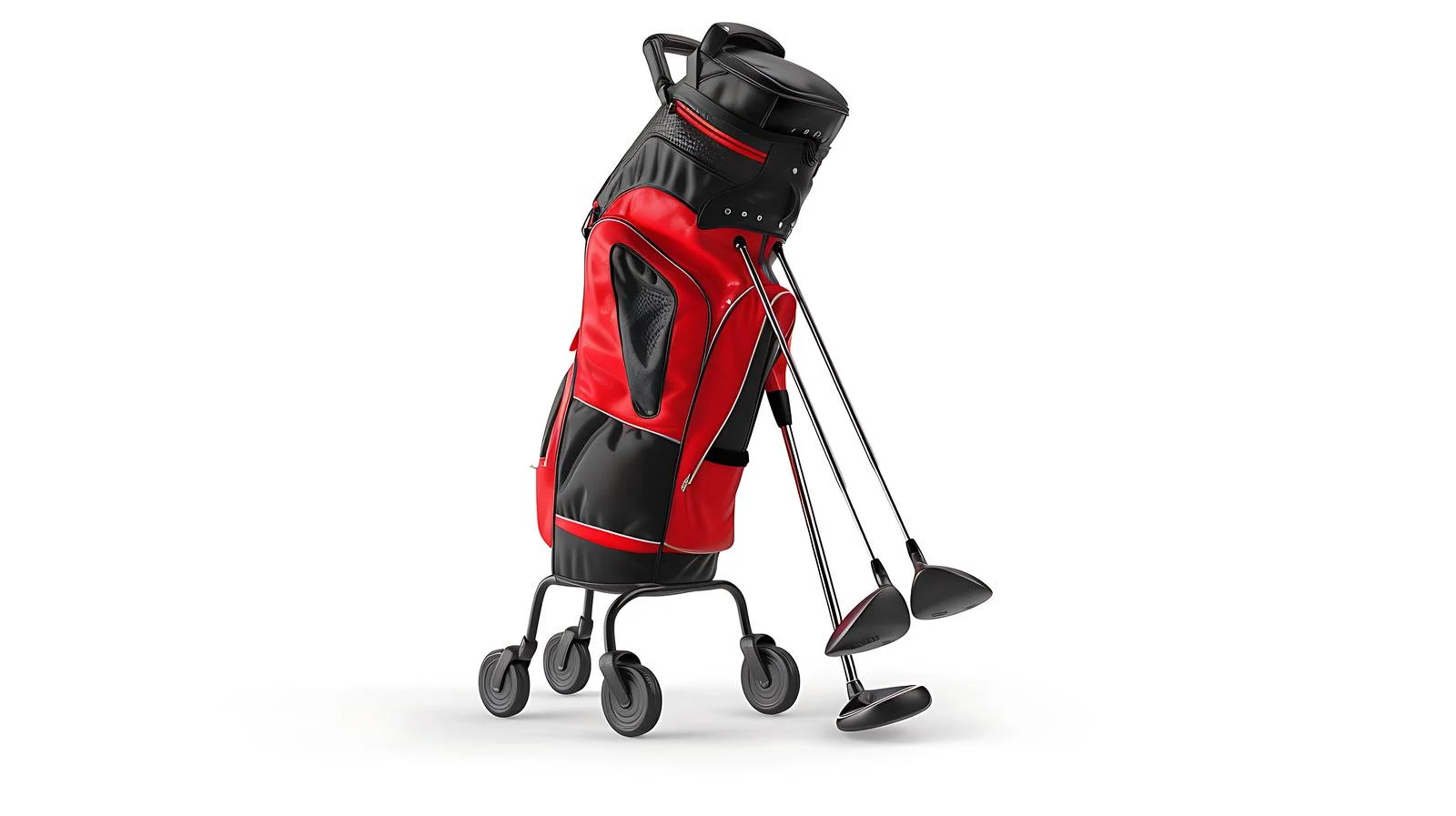 Modern Red and Black Golf Bag with Clubs on White — free download from Dotvec