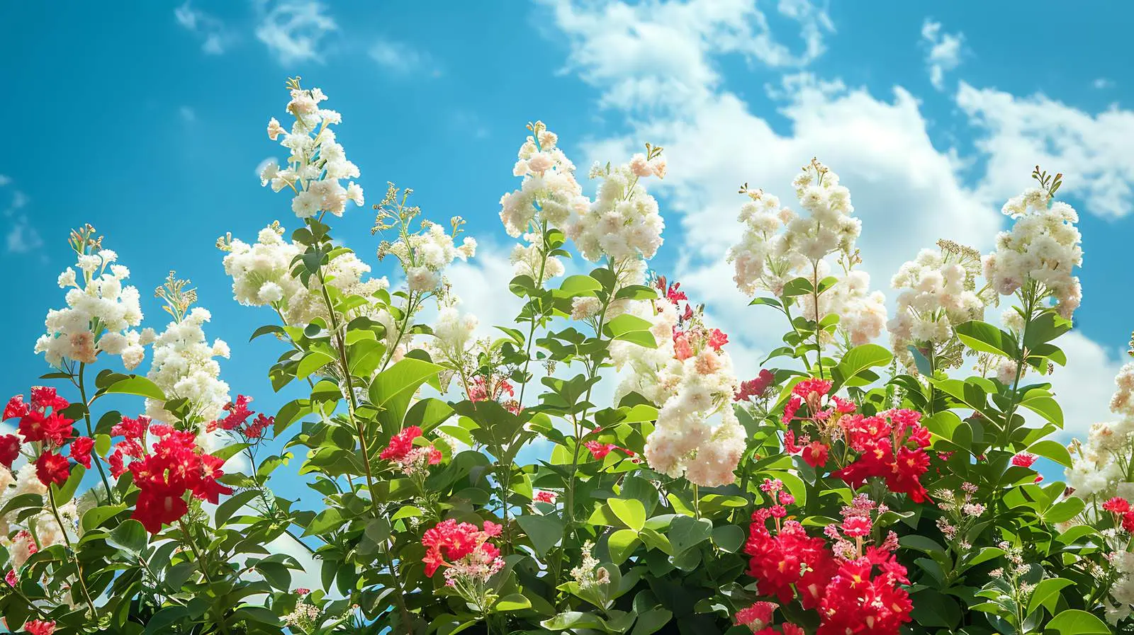 Vibrant Red and White Flower Bush Against Blue Sky – free flower bush image from Dotvec
