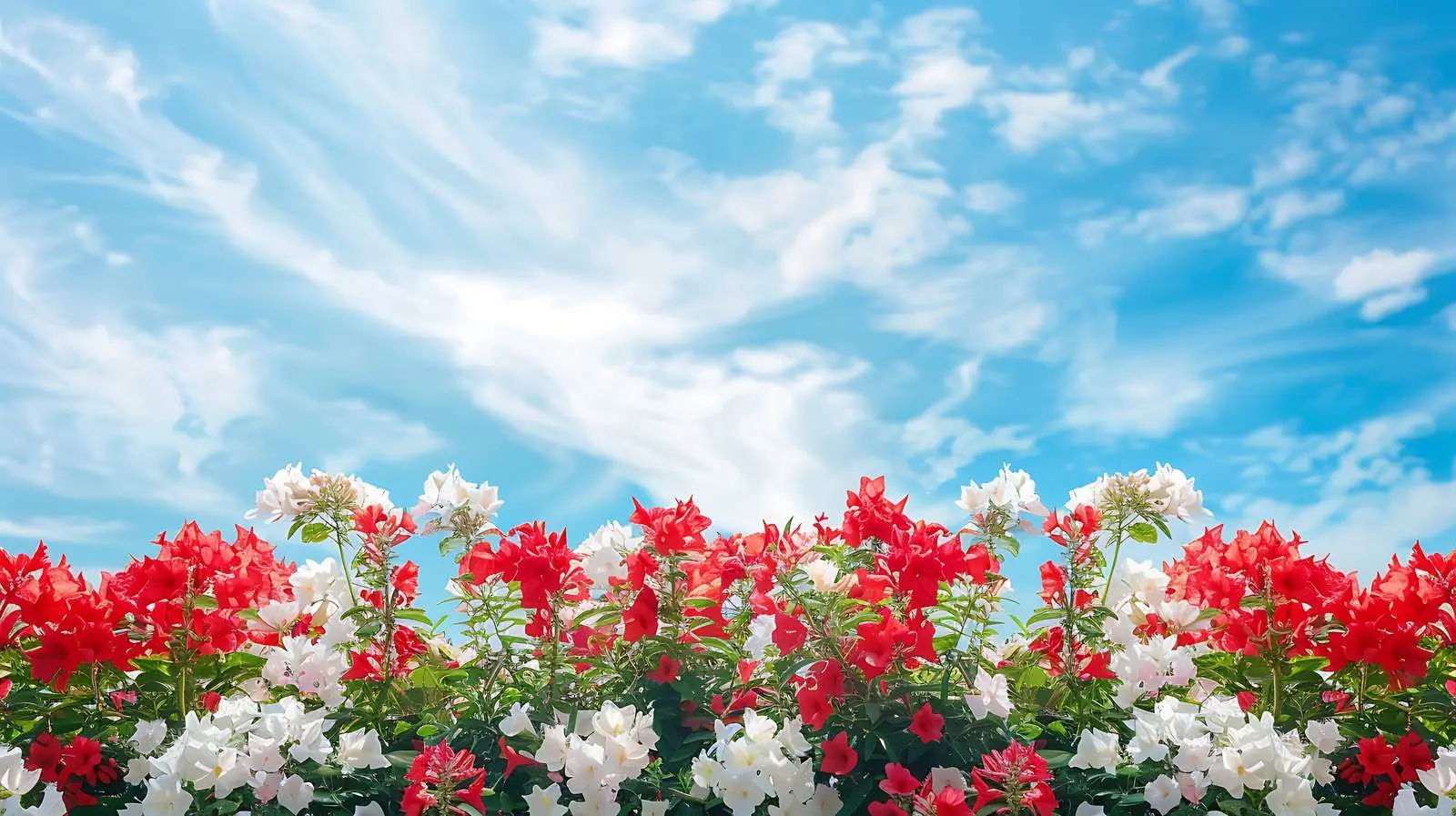 Red and White Flower Bush Against Blue Sky — free download from Dotvec
