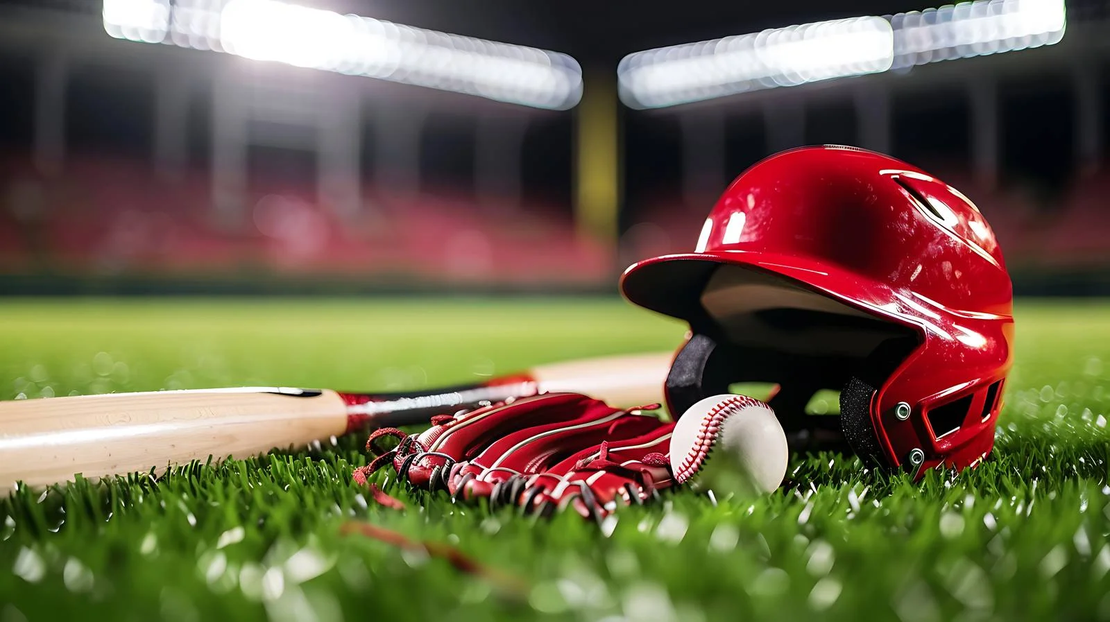 Vibrant baseball equipment on lush green field — free download from Dotvec