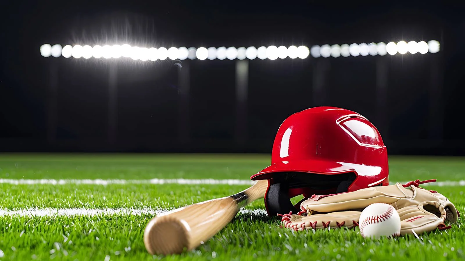 Vibrant red baseball gear on lush grass — free download from Dotvec