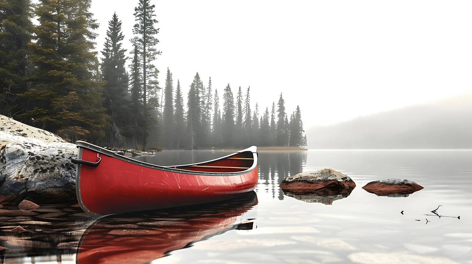 Tranquil Red Canoe by Calm Lake Shore — free download from Dotvec