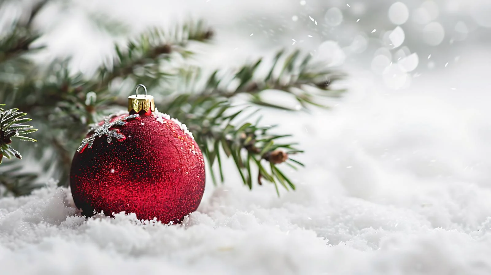 Red Bauble on Snowy Pine Branch — free download from Dotvec
