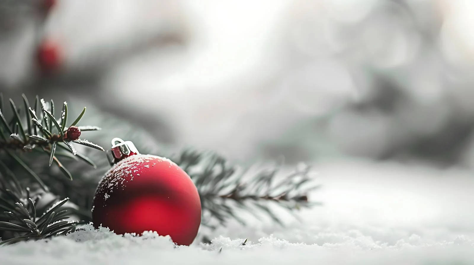 Festive Red Bauble on Snowy Pine — free download from Dotvec