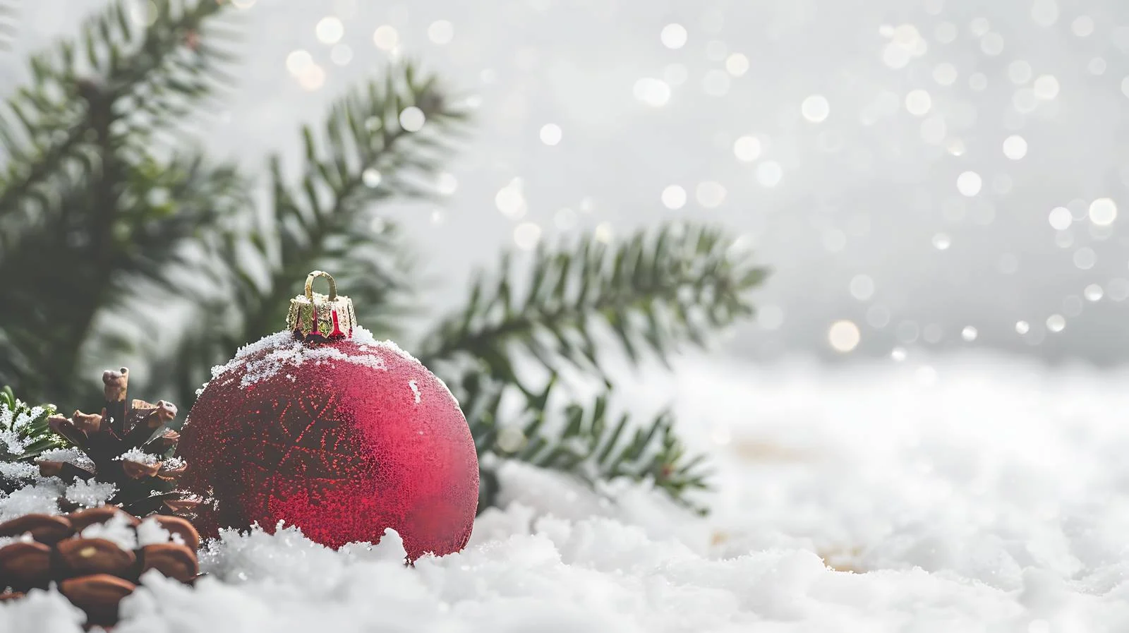 Festive Red Bauble on Snowy Pine Branch — free download from Dotvec