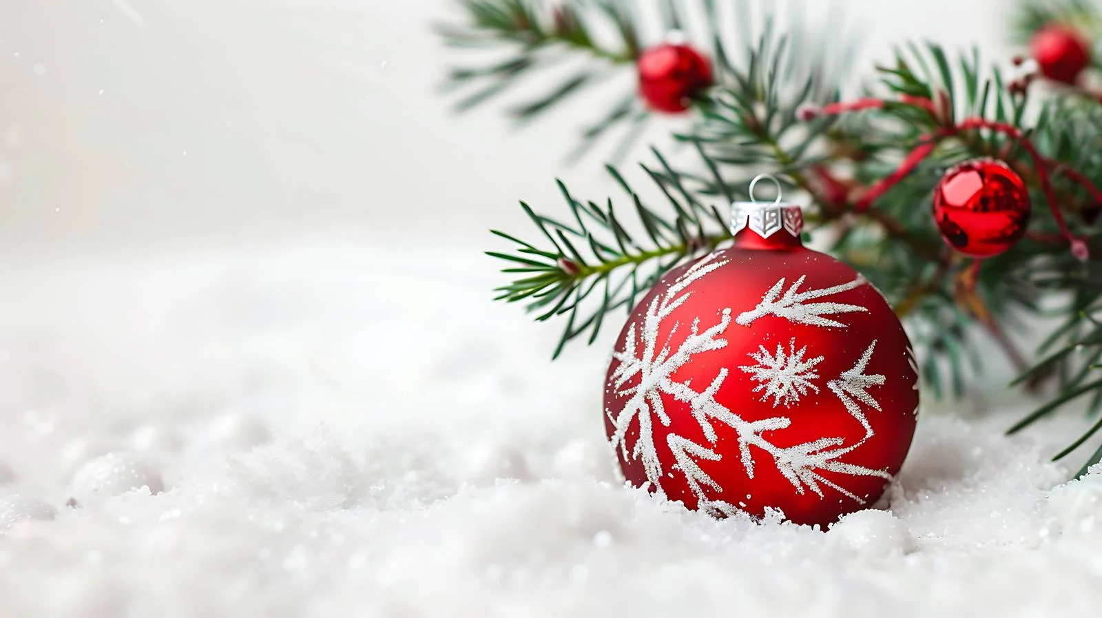 Festive Red Bauble on Snowy Pine — free download from Dotvec