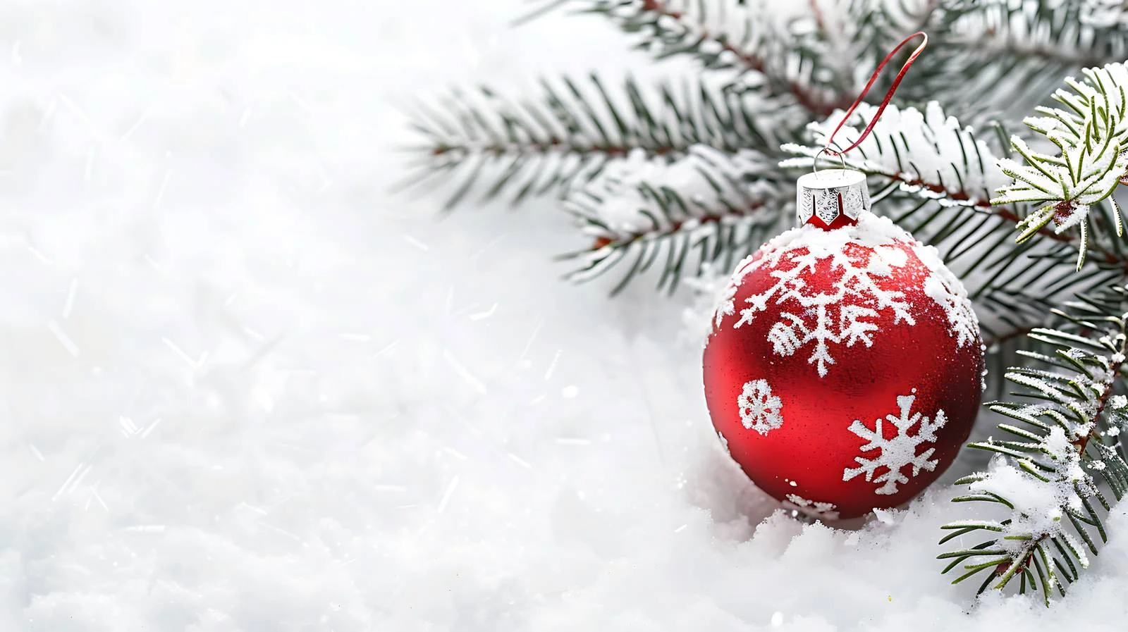 Elegant Red Bauble with Snowflakes on Snowy Pine — free download from Dotvec