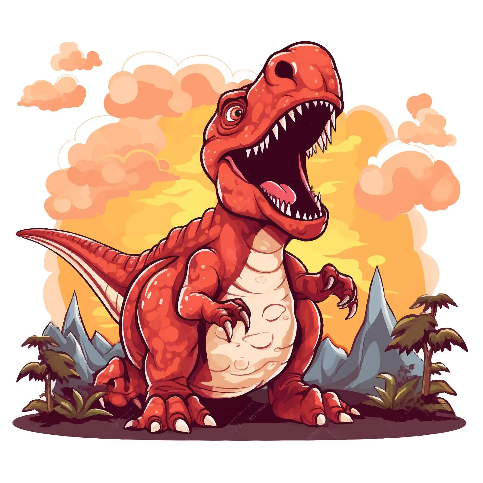 Roaring Red Dinosaur Near Volcano Vector Art – free earth science image from Dotvec