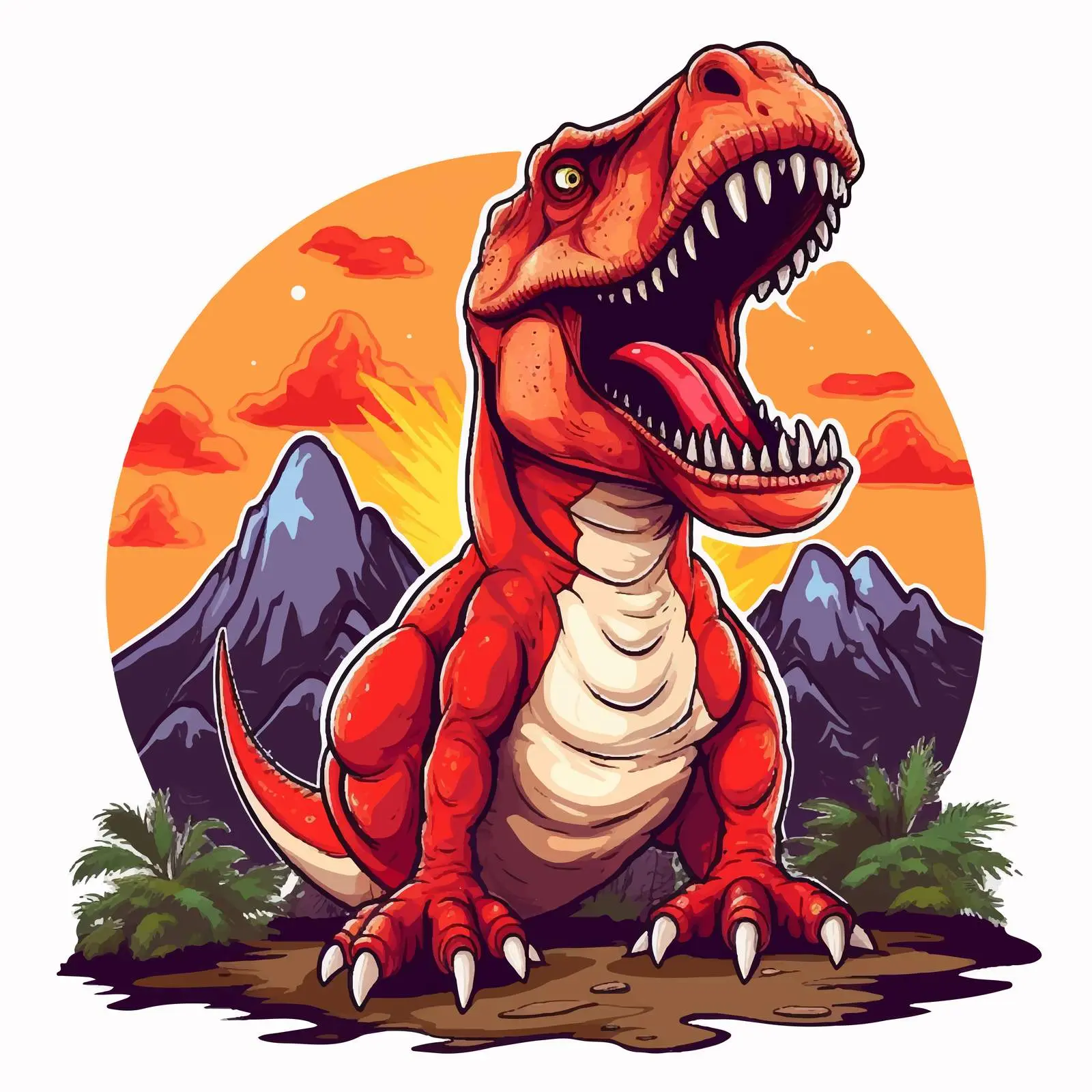 Roaring Red Dinosaur Near Volcano Vector Illustration — free download from Dotvec