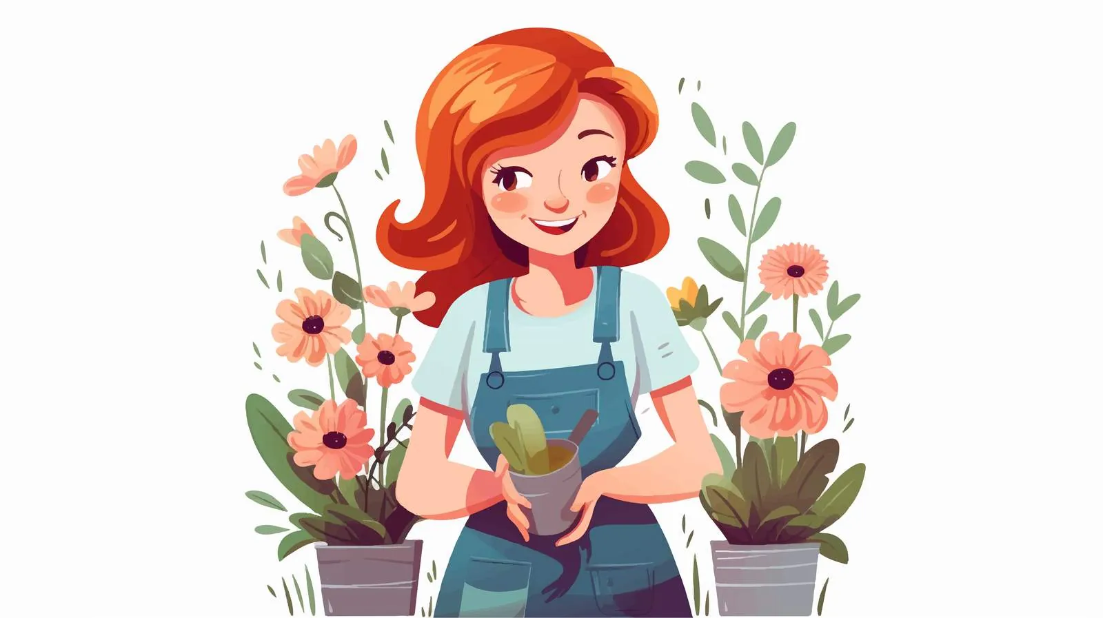 Cute Girl in Blue Apron Gardening Vector — free download from Dotvec