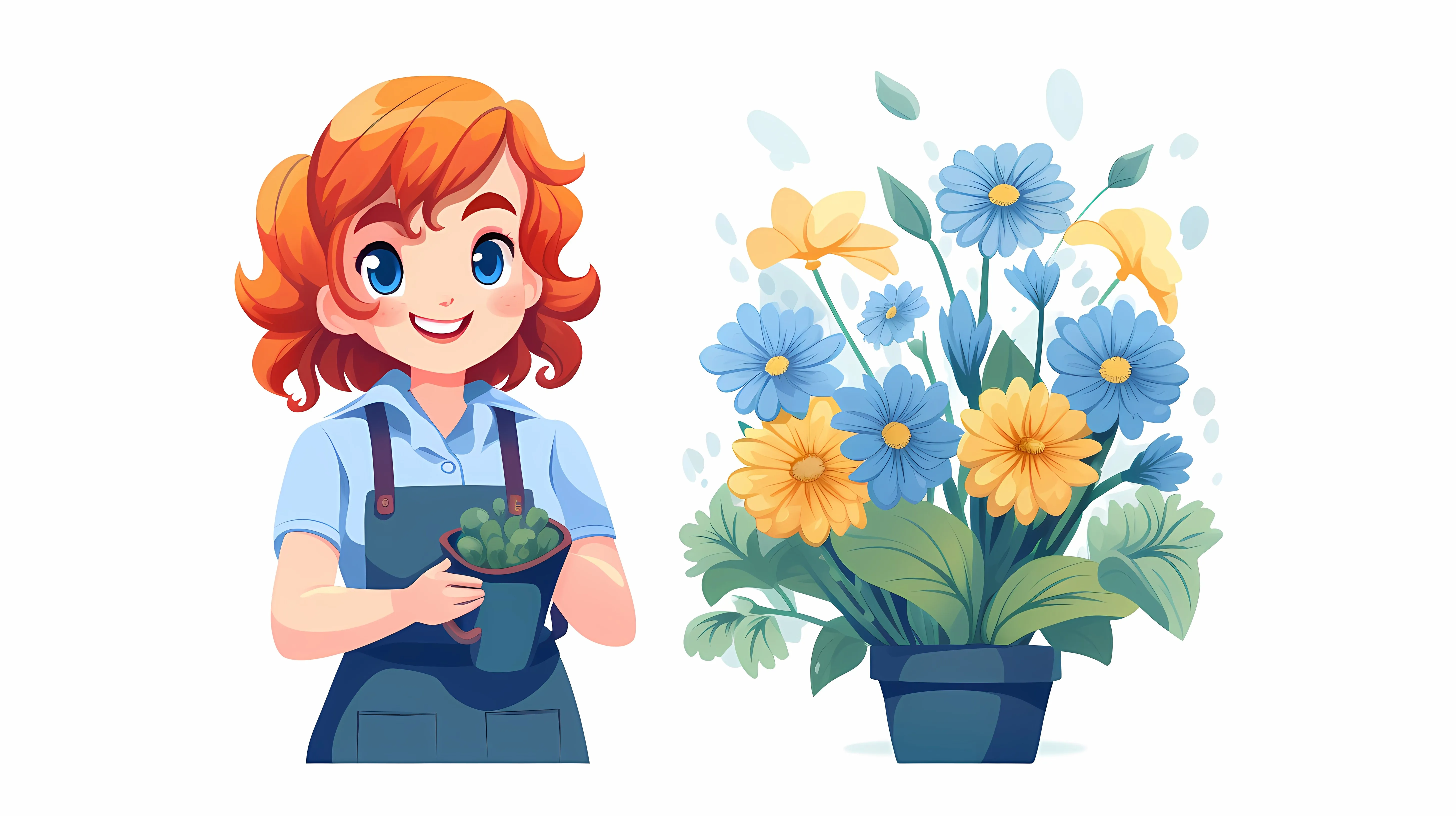 Red-haired Girl in Blue Apron as Florist — free download from Dotvec