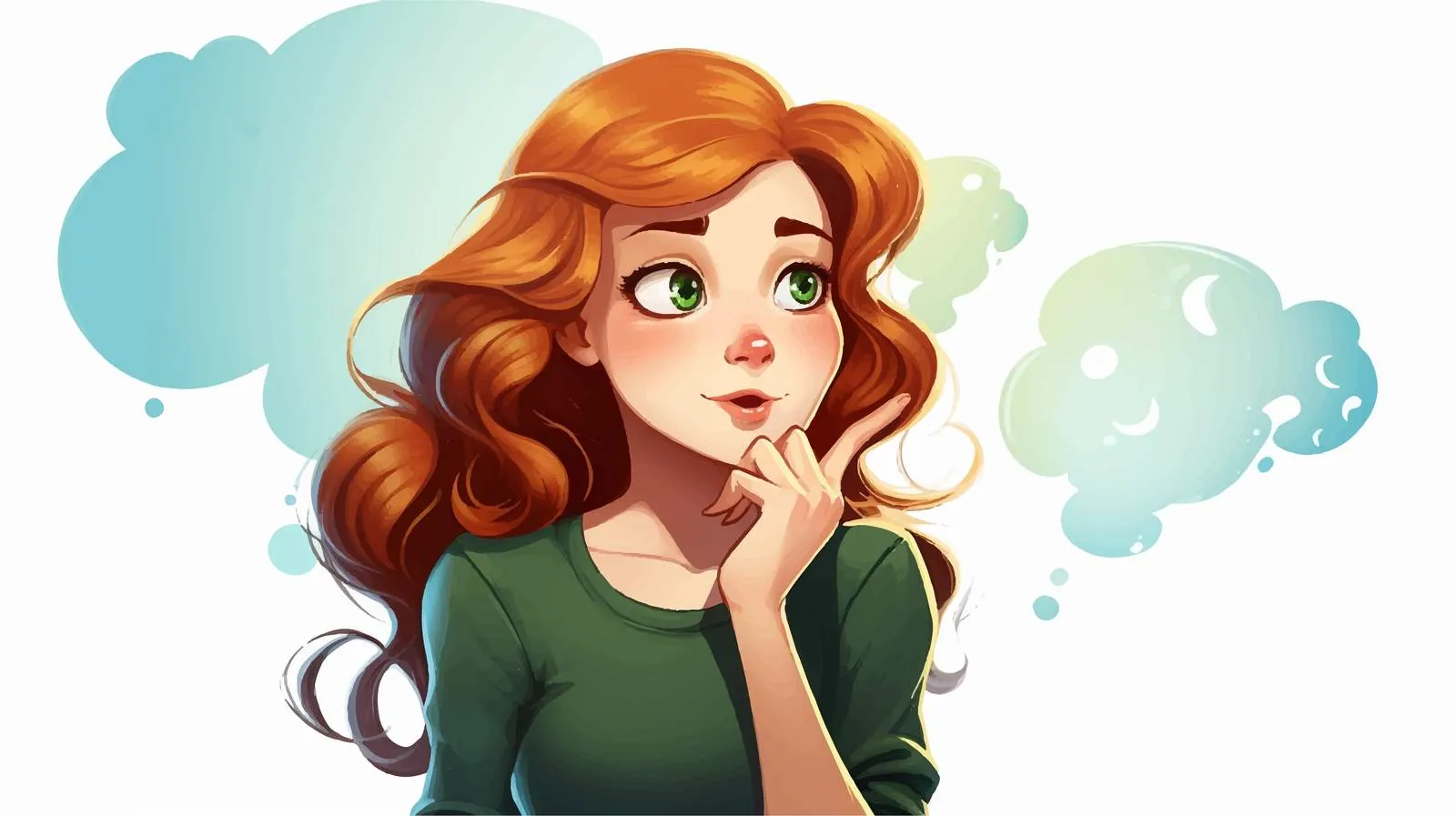 Red-Haired Girl Cartoon with Green Thought Bubble — free download from Dotvec