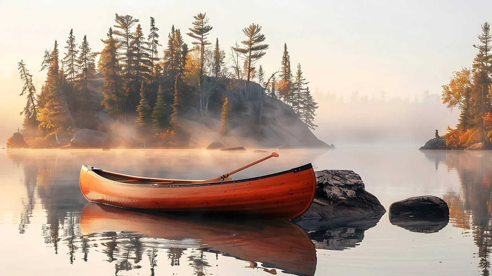 Serene red wood canoe on Boundary Water — free download from Dotvec