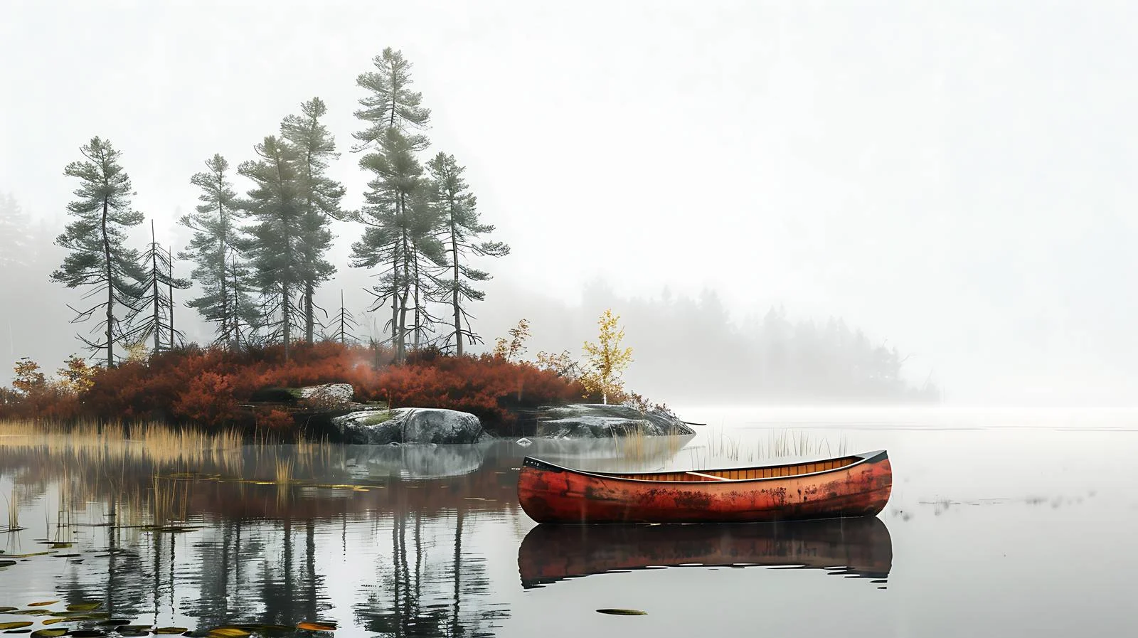 Serene Red Wood Canoe on Lake Shoreline — free download from Dotvec