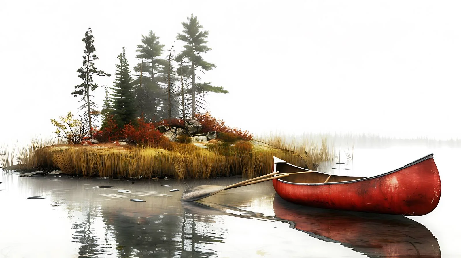 Scarlet wooden canoe by serene lakeshore — free download from Dotvec