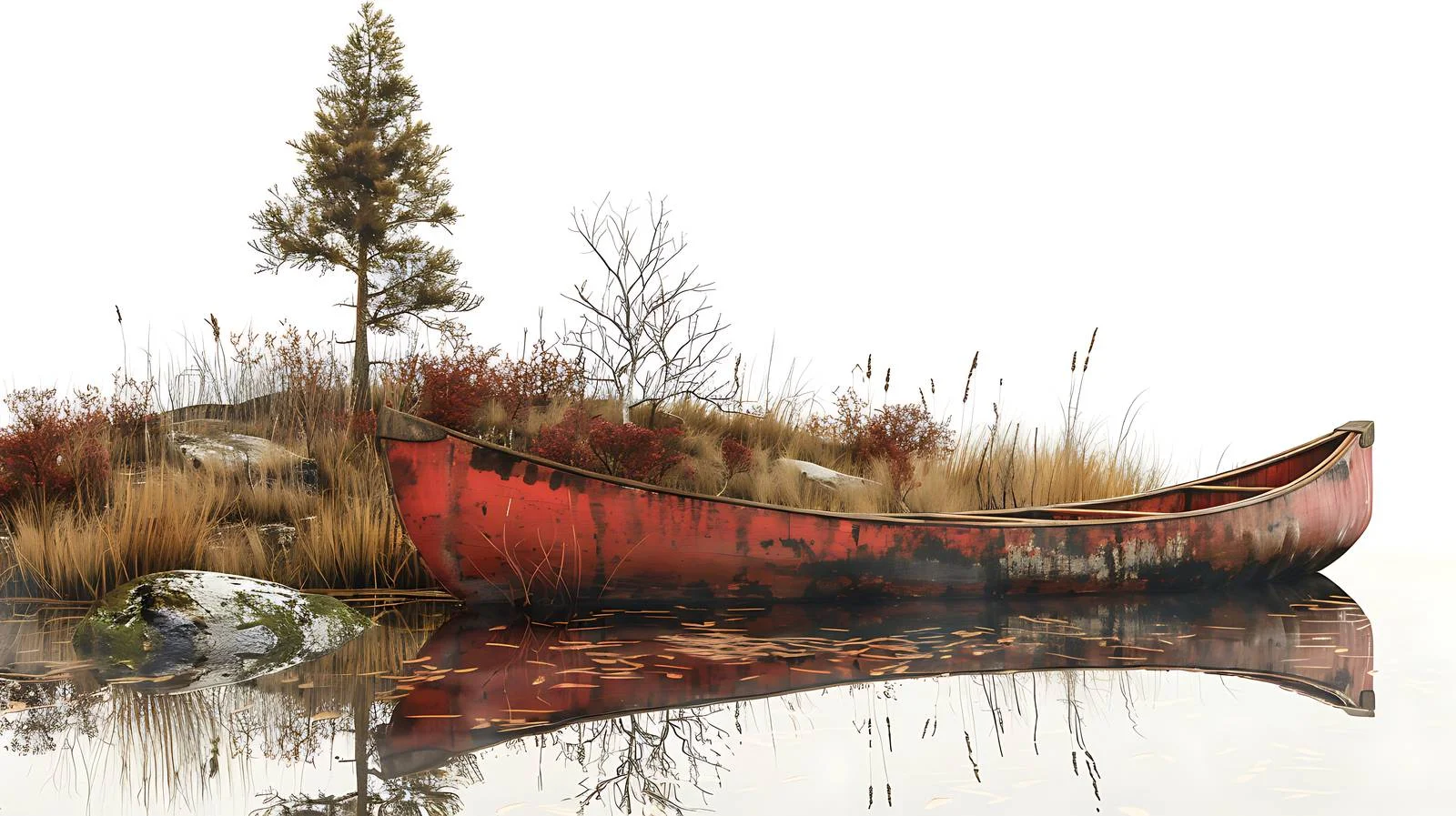 Rustic redwood canoe by small lake — free download from Dotvec