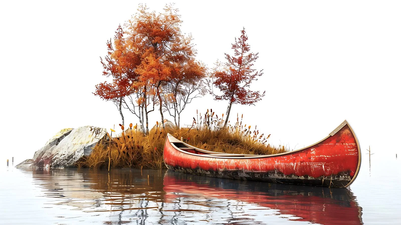 Autumnal scene: Red wooden canoe by lakeshore — free download from Dotvec