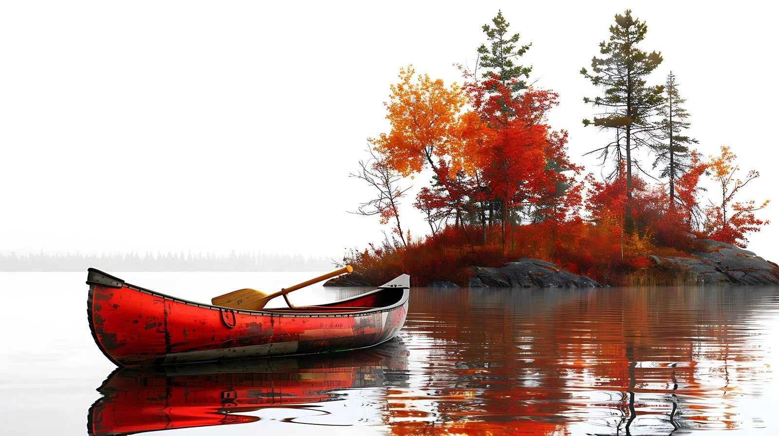 Autumnal lakeside scene with red canoe — free download from Dotvec