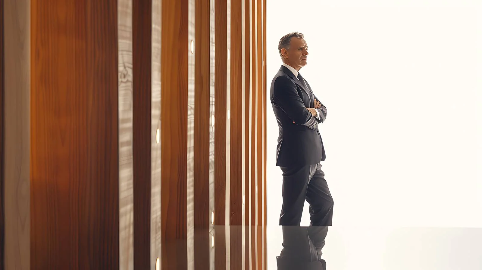 Serene Businessman Reflecting by Wooden Structure — free download from Dotvec