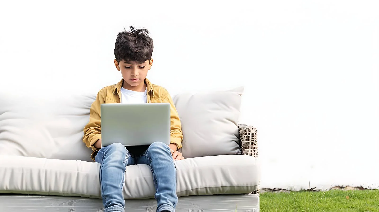 Young boy using laptop in garden — free download from Dotvec