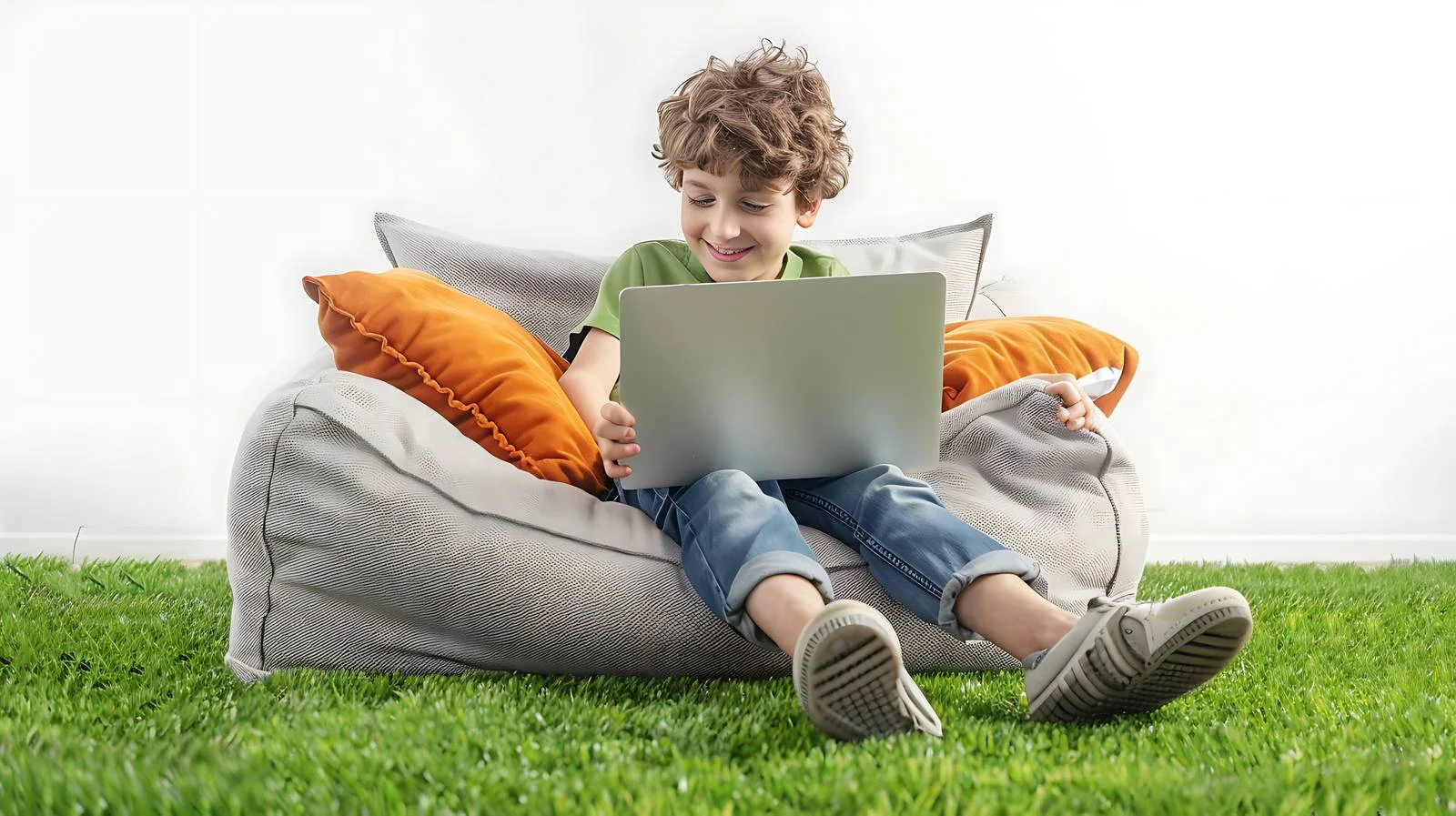 Boy Relaxing with Laptop Outdoors in Garden — free download from Dotvec