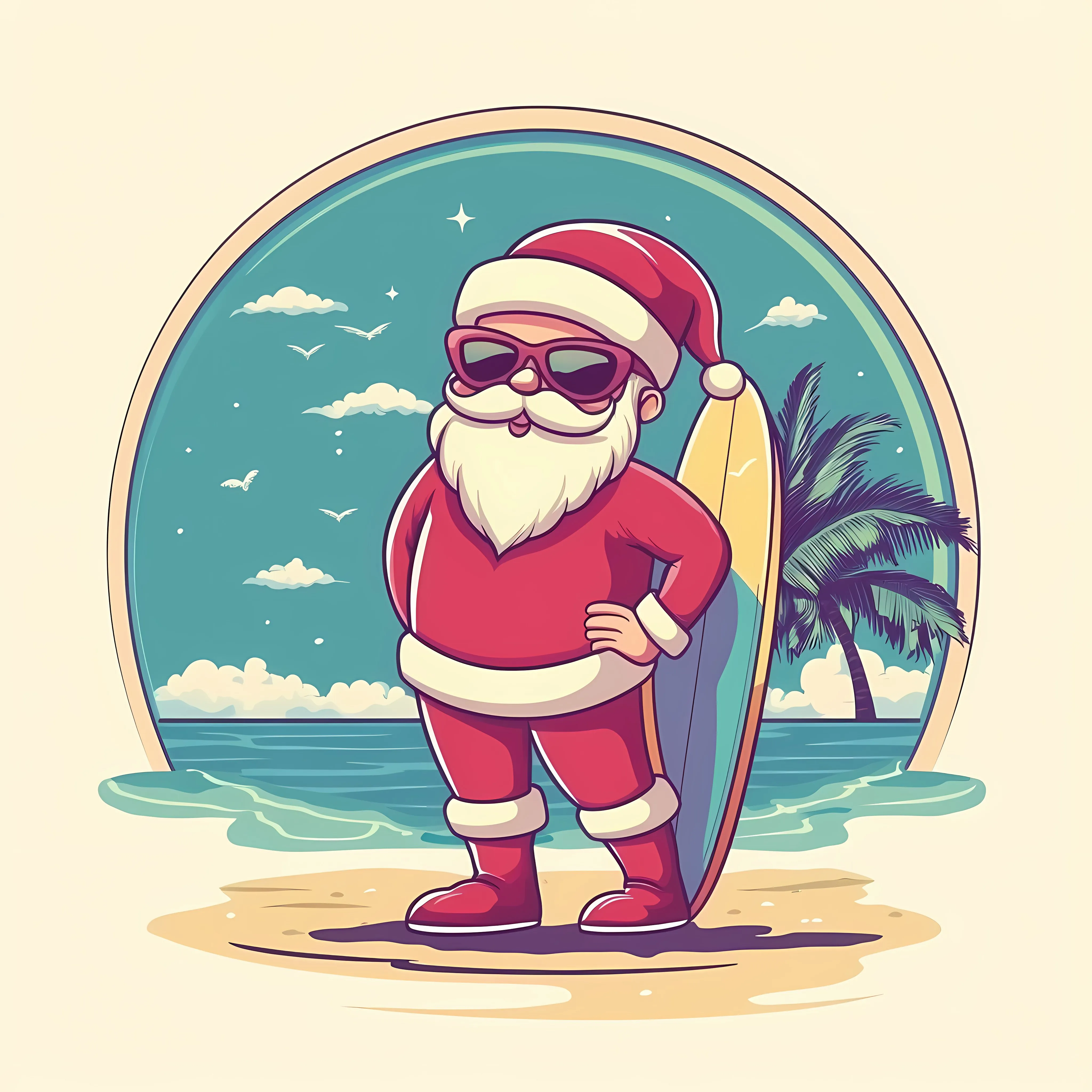Colorful Santa Claus with Surfboard on Beach — free download from Dotvec