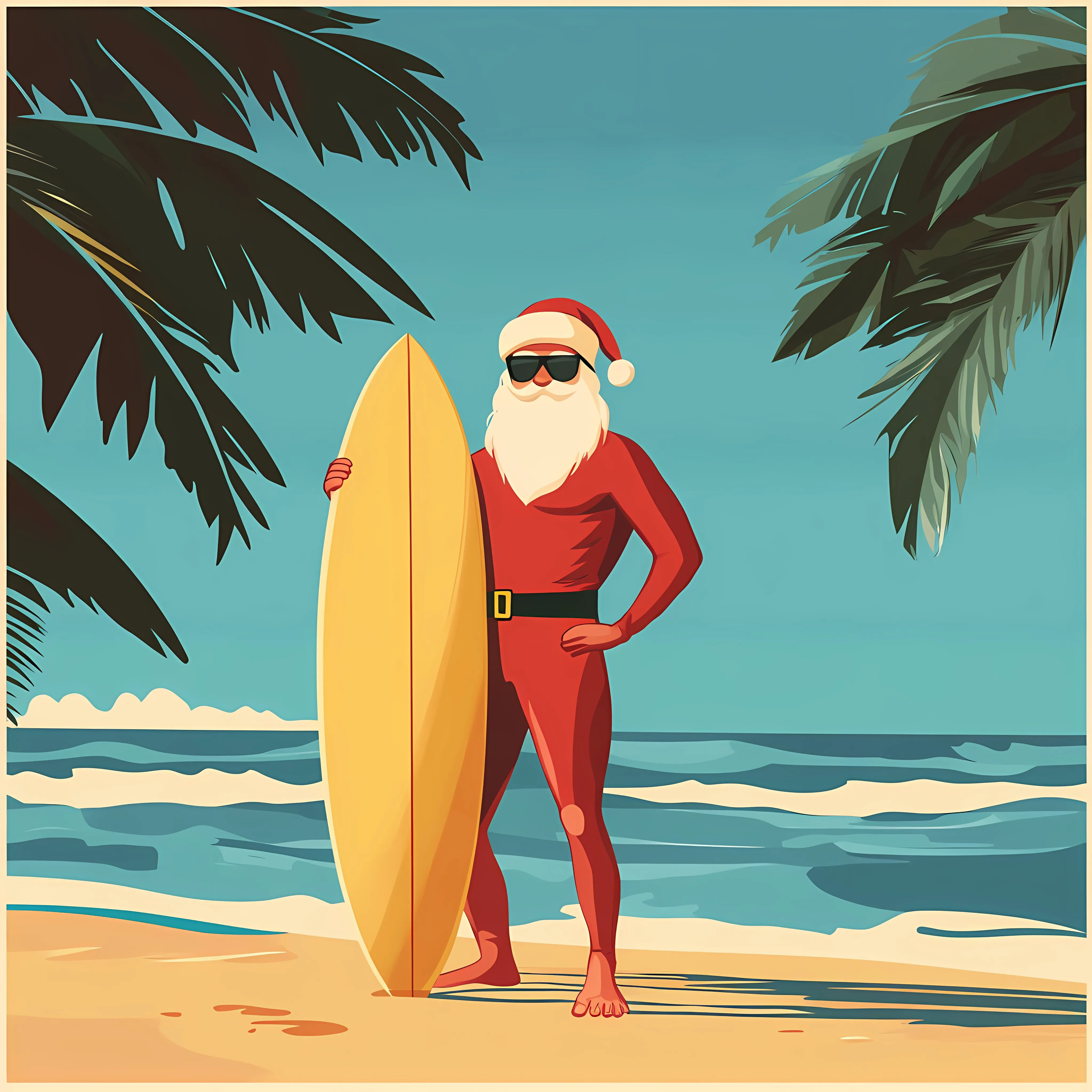 Relaxed Santa Claus with Surfboard on Beach — free download from Dotvec