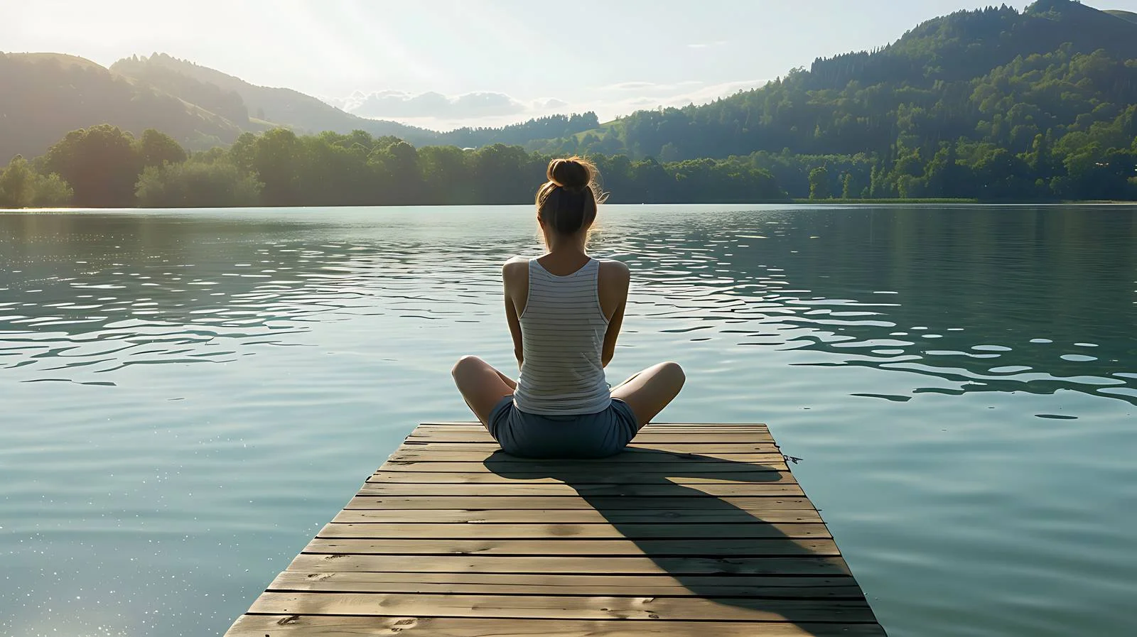 Tranquil woman on secluded wooden pier — free download from Dotvec