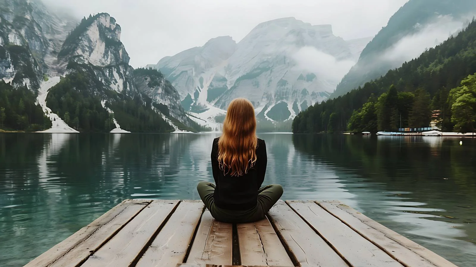 Tranquil woman on pier overlooking distant sea — free download from Dotvec