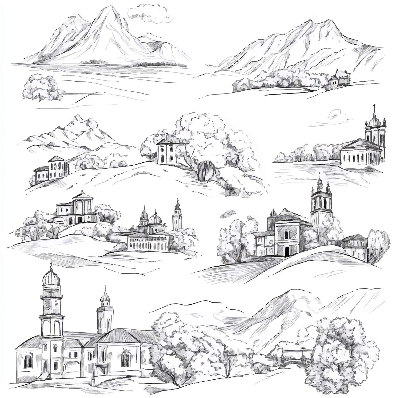 Black and White Georgian Landscape Sketches — free download from Dotvec
