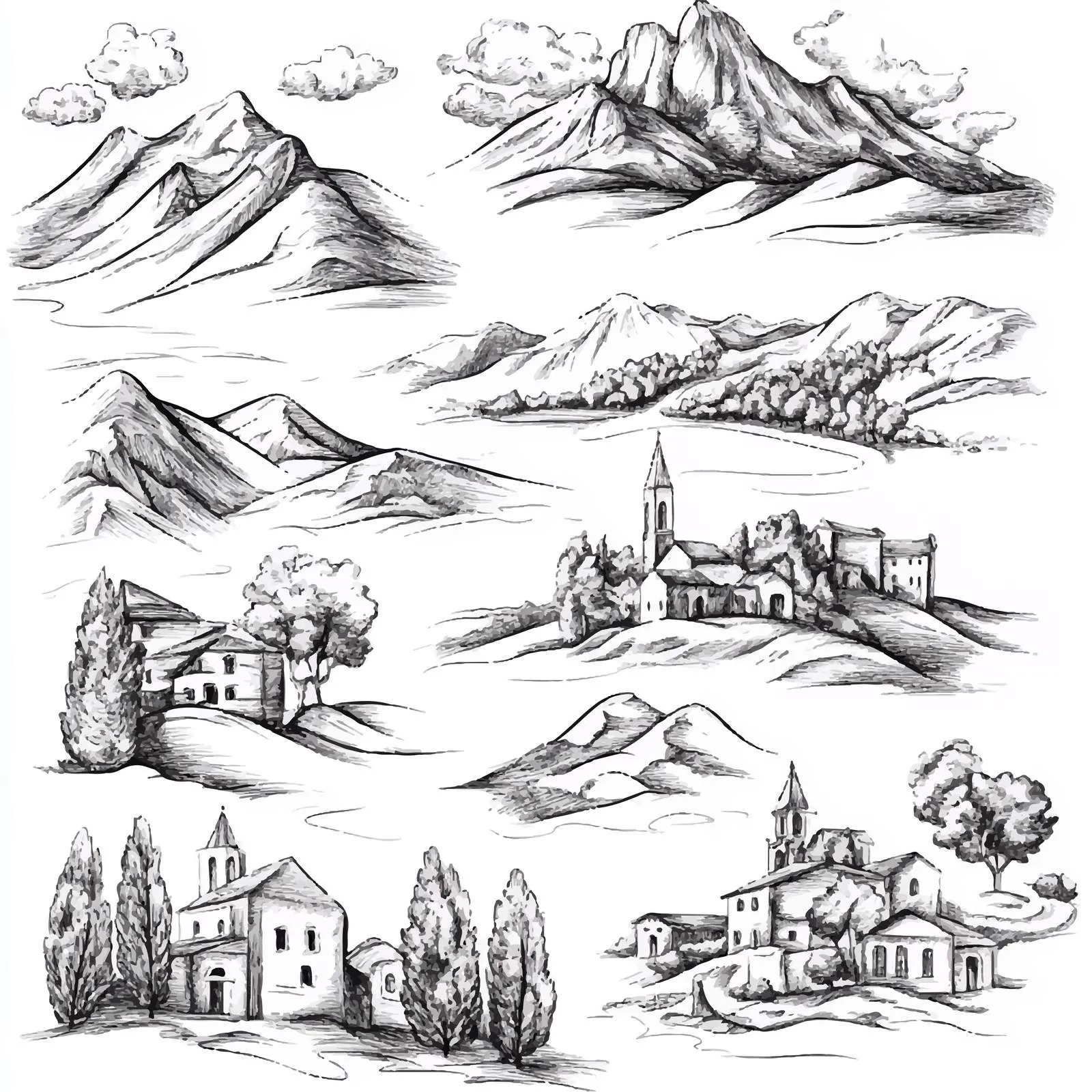 Georgian Landscapes Black and White Sketches — free download from Dotvec