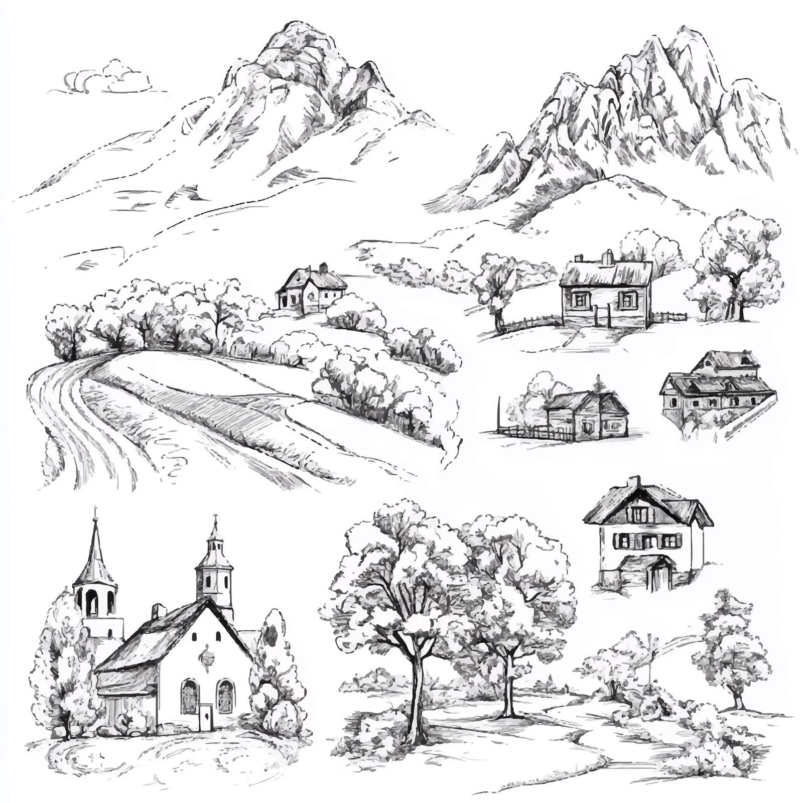 Georgian Landscapes Black and White Sketches – free stylized landscape image from Dotvec