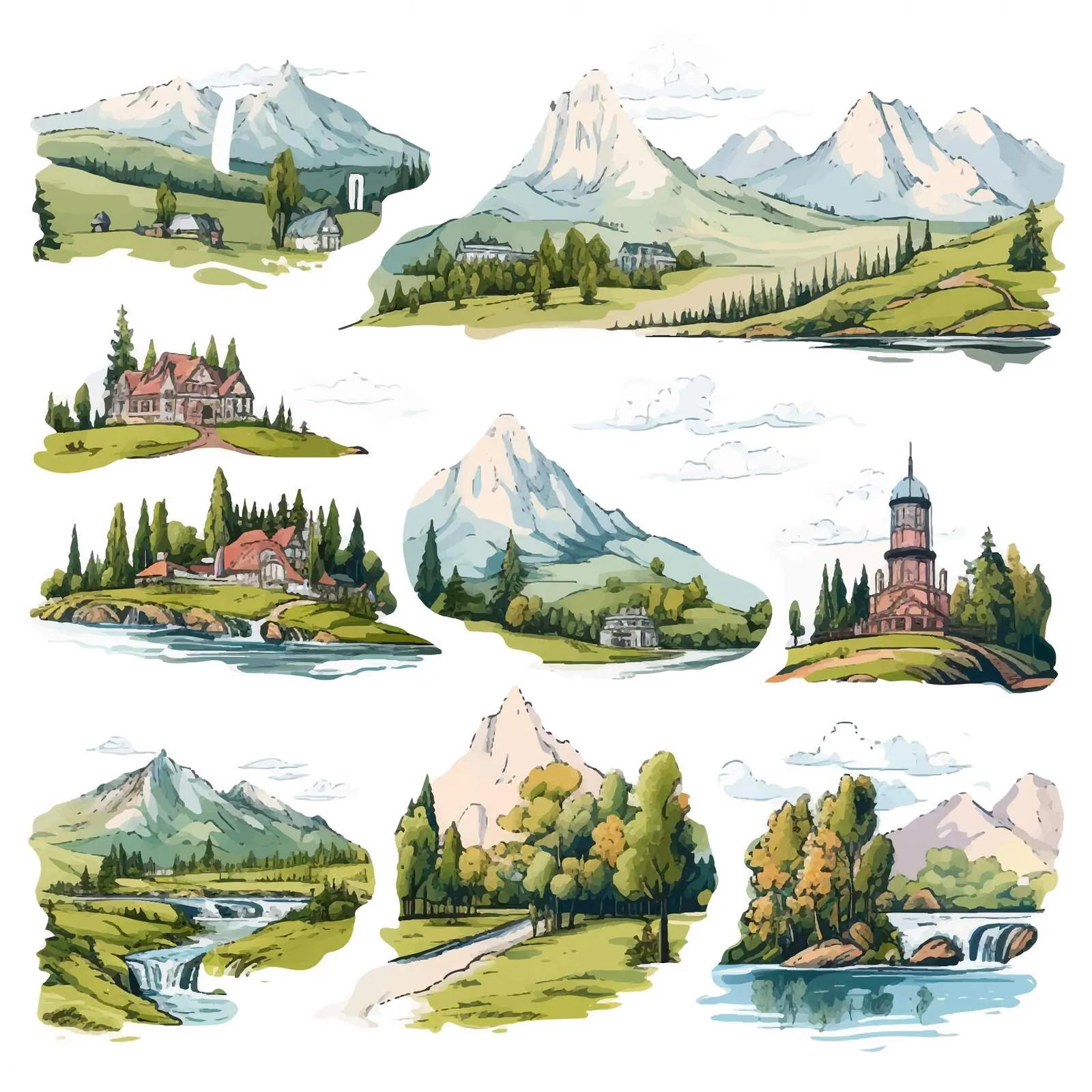 Colorful Georgian Landscapes Hand-Drawn Sketches – free sketch illustration image from Dotvec