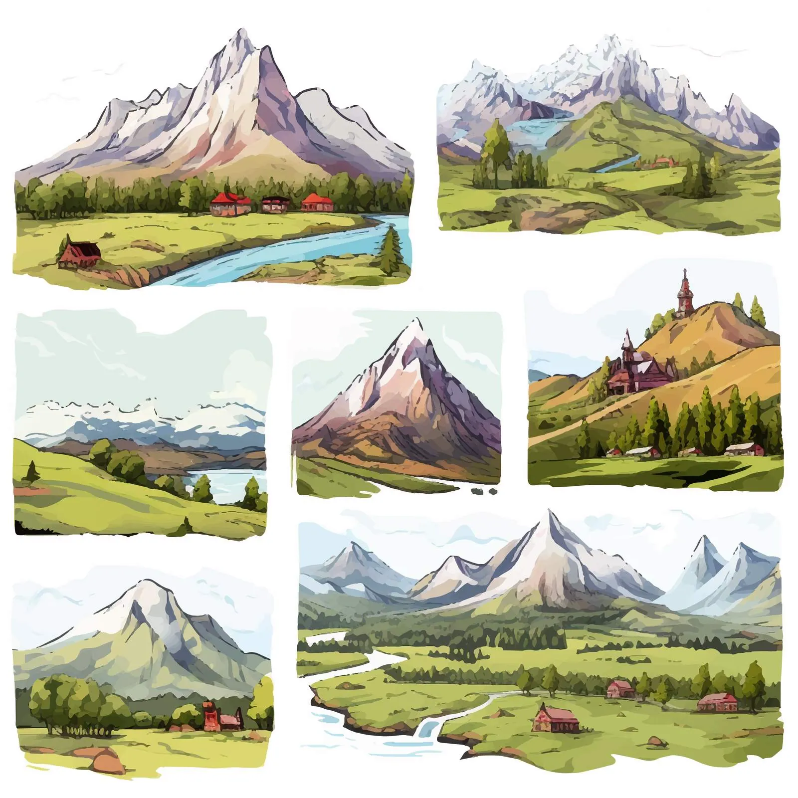 Colorful Georgian Landscapes Hand Drawn Sketches — free download from Dotvec